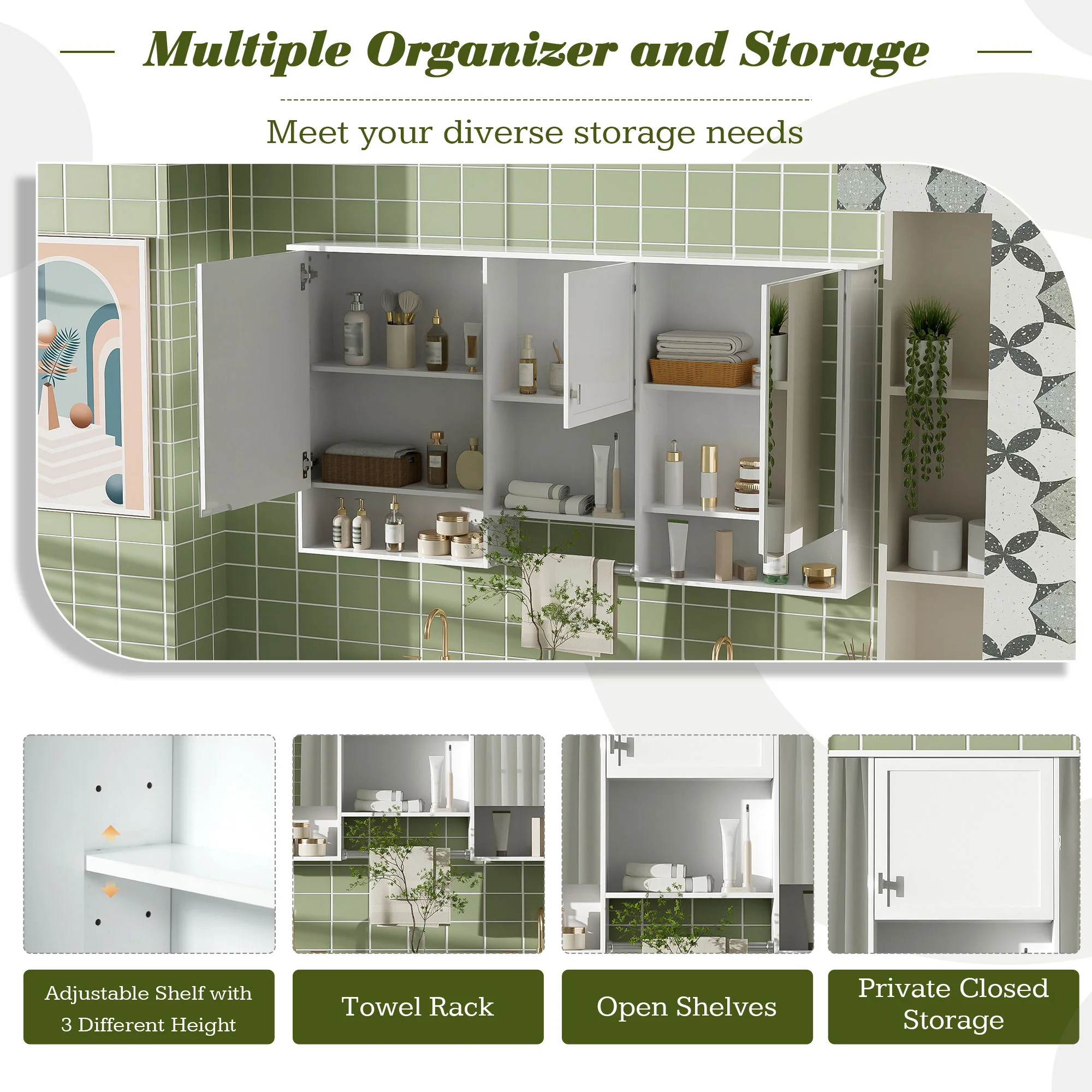 Wall-Mount 3-In-1 Mirror Cabinet With Adjustable Shelf, Soft-Closing Hinges, Rectangular Design - White - Image 6