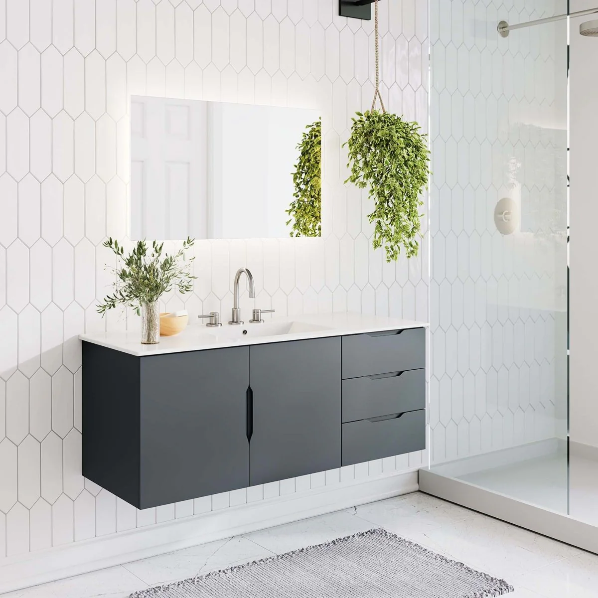 Wall-Mount Bathroom Vanity with Integrated Sink – Modern Floating Bath Cabinet - Image 90