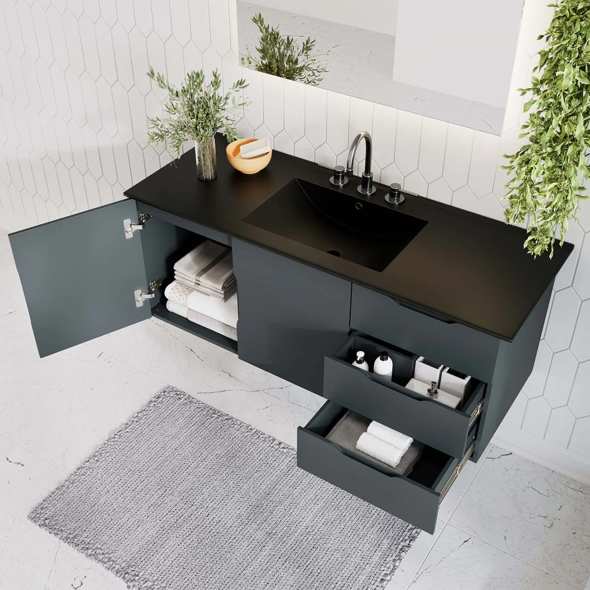 Wall-Mount Bathroom Vanity with Integrated Sink – Modern Floating Bath Cabinet - Image 93