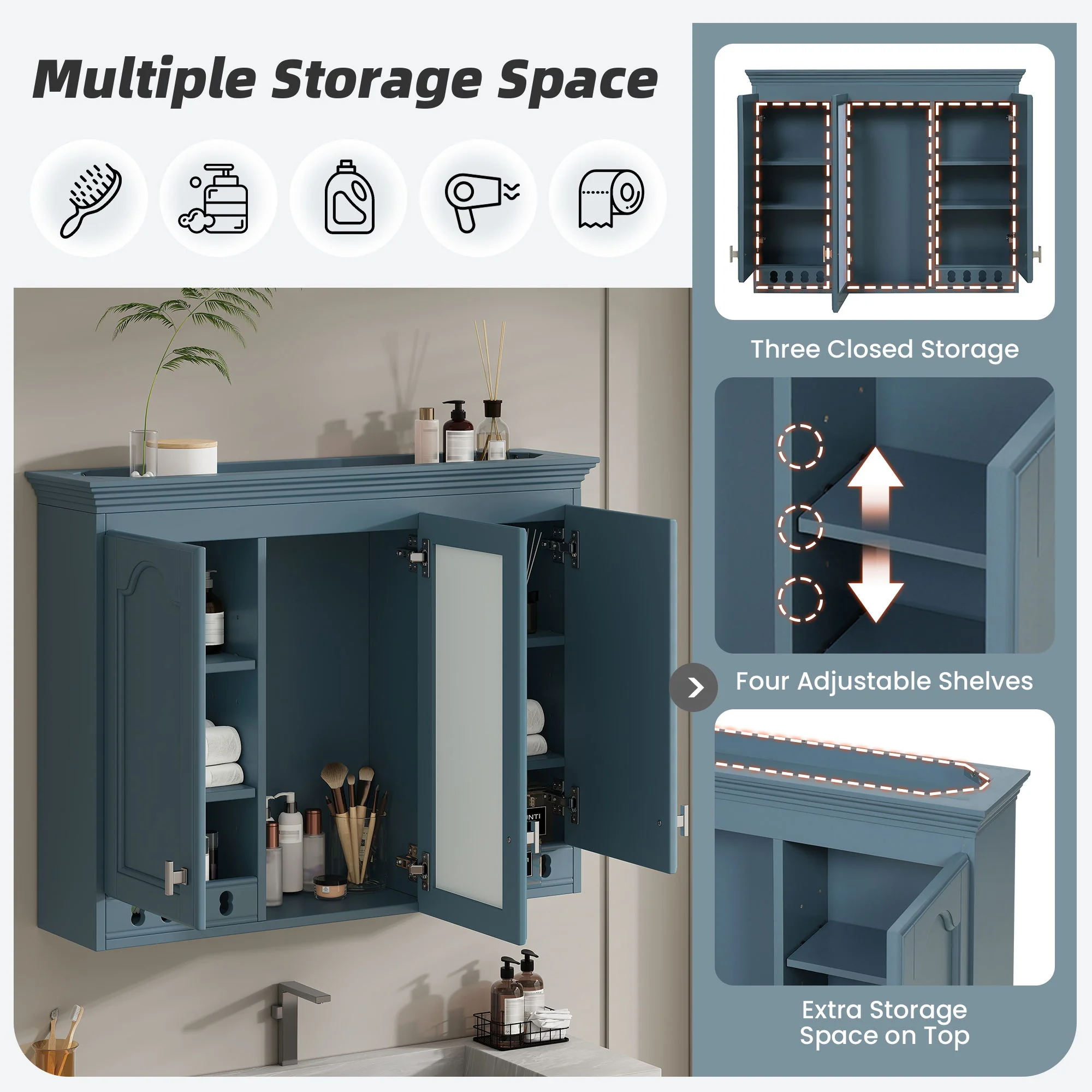Wall Mount Mirror Cabinet With Adjustable Shelves, Soft Closing Hinges - Image 8
