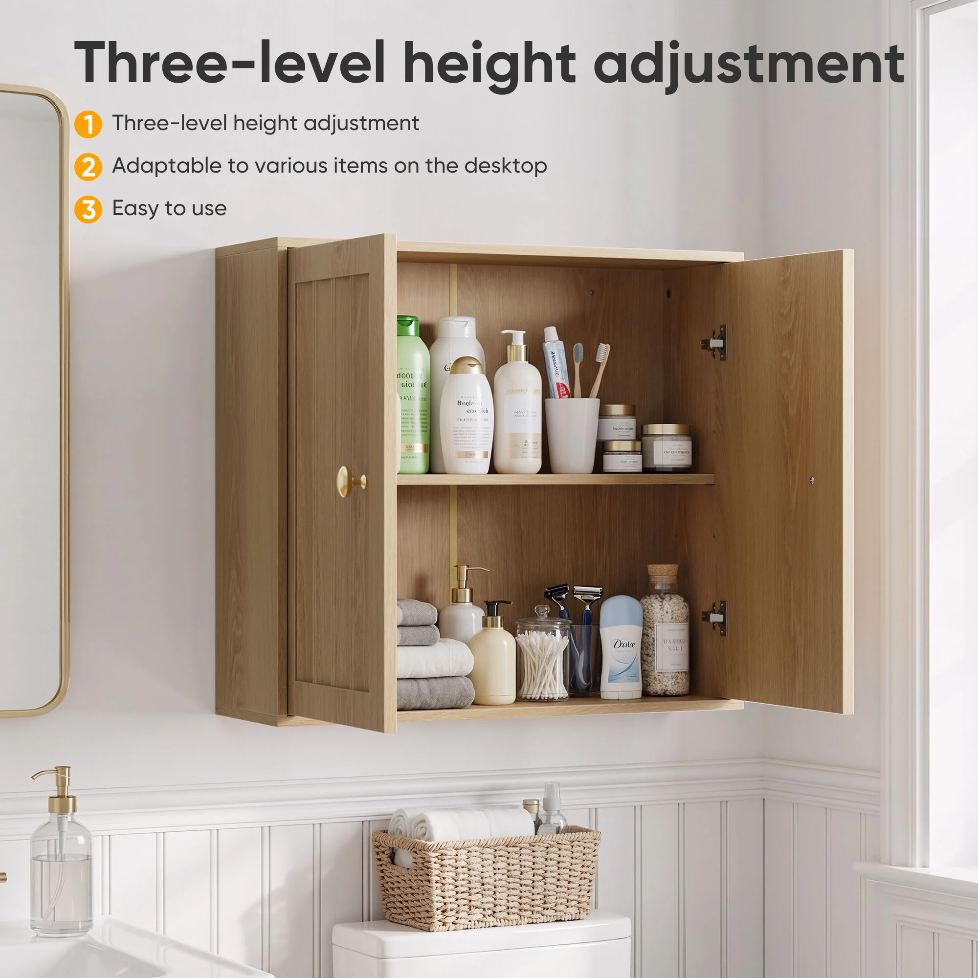 Wall Mounted Bathroom Cabinet With Double Doors And Vertical Grooved Design For Bathrooms - Oak - Image 3