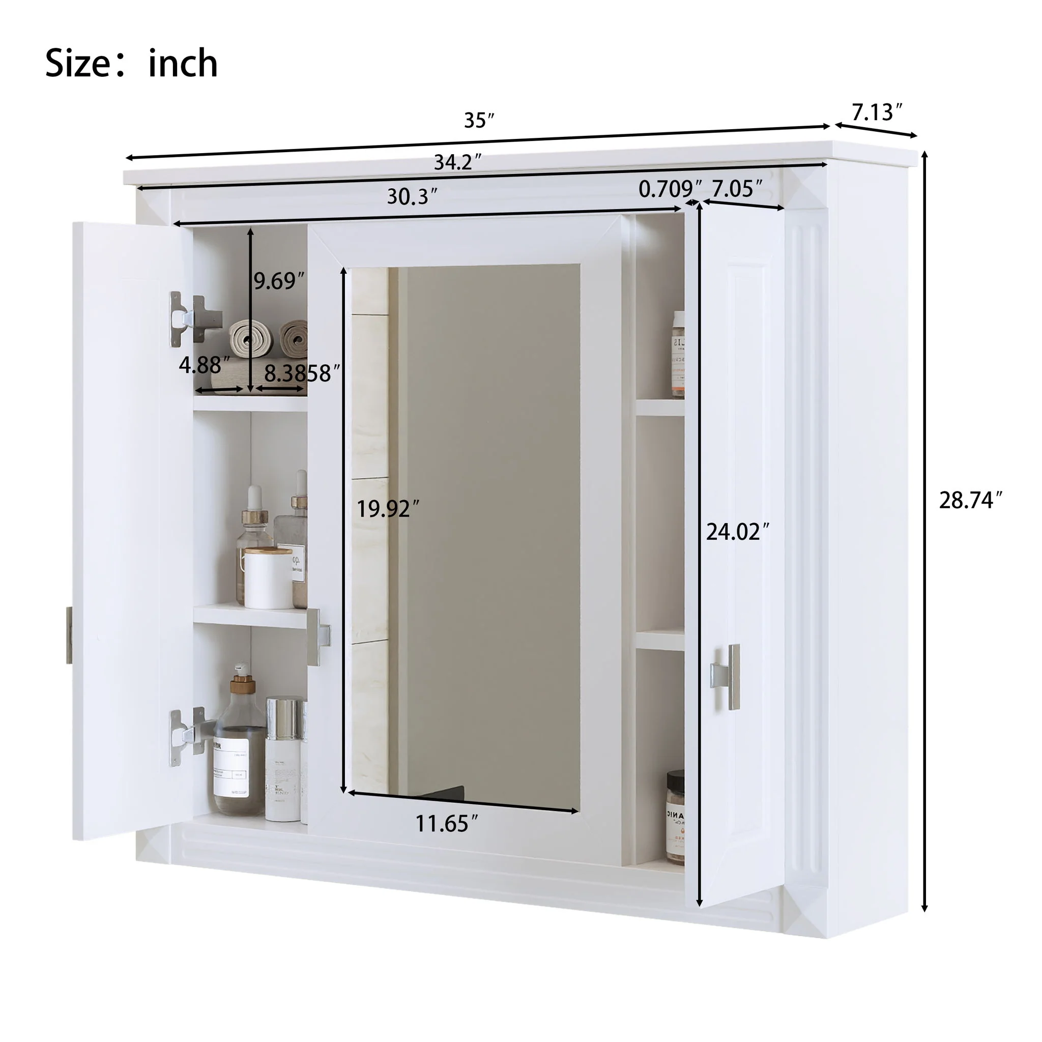 Wall Mounted Bathroom Cabinet With Mirror And 5 Shelves, Rectangular Design - Image 6