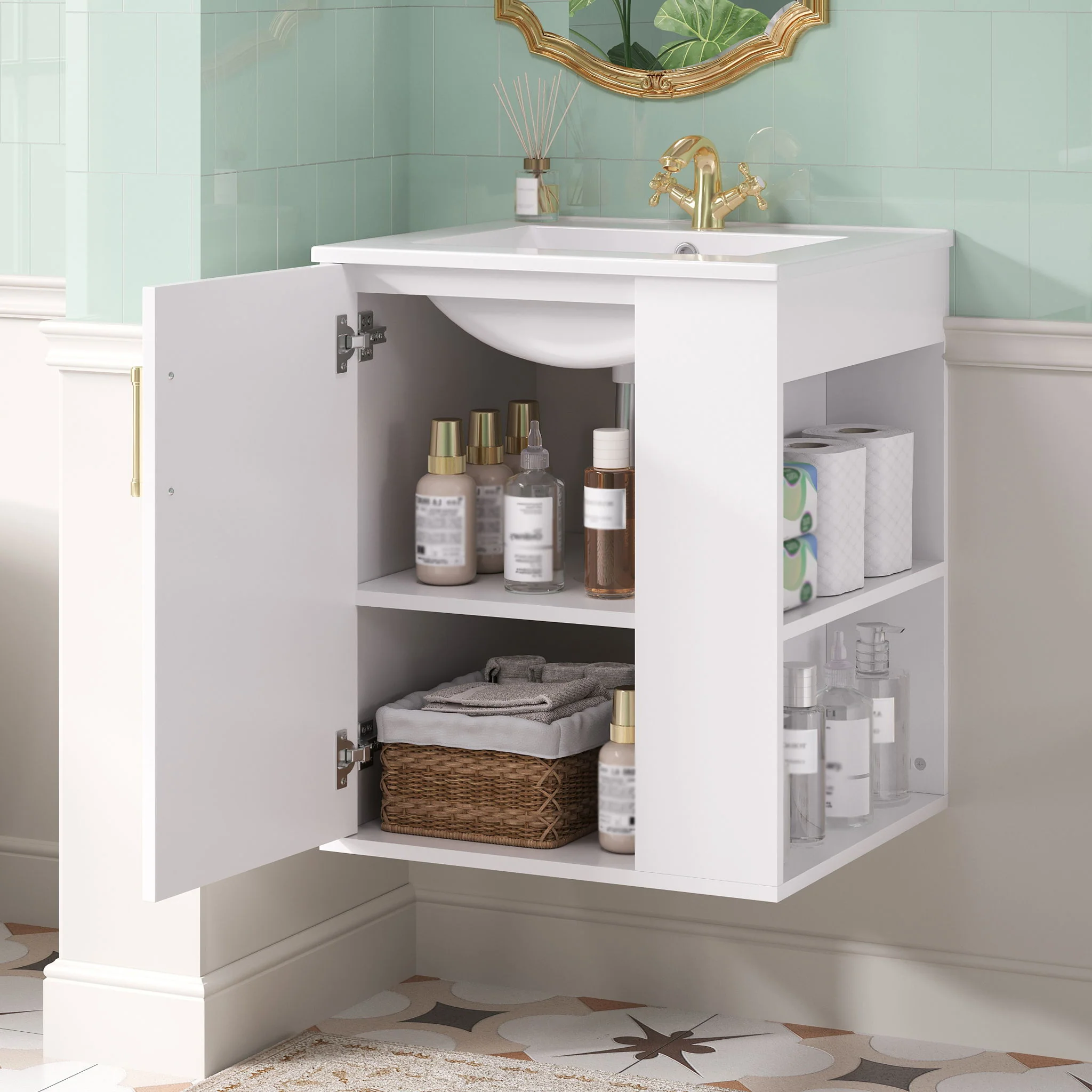 Wall Mounted Bathroom Cabinet With Side Shelf Combo, Vanity With Sink - White - Image 9