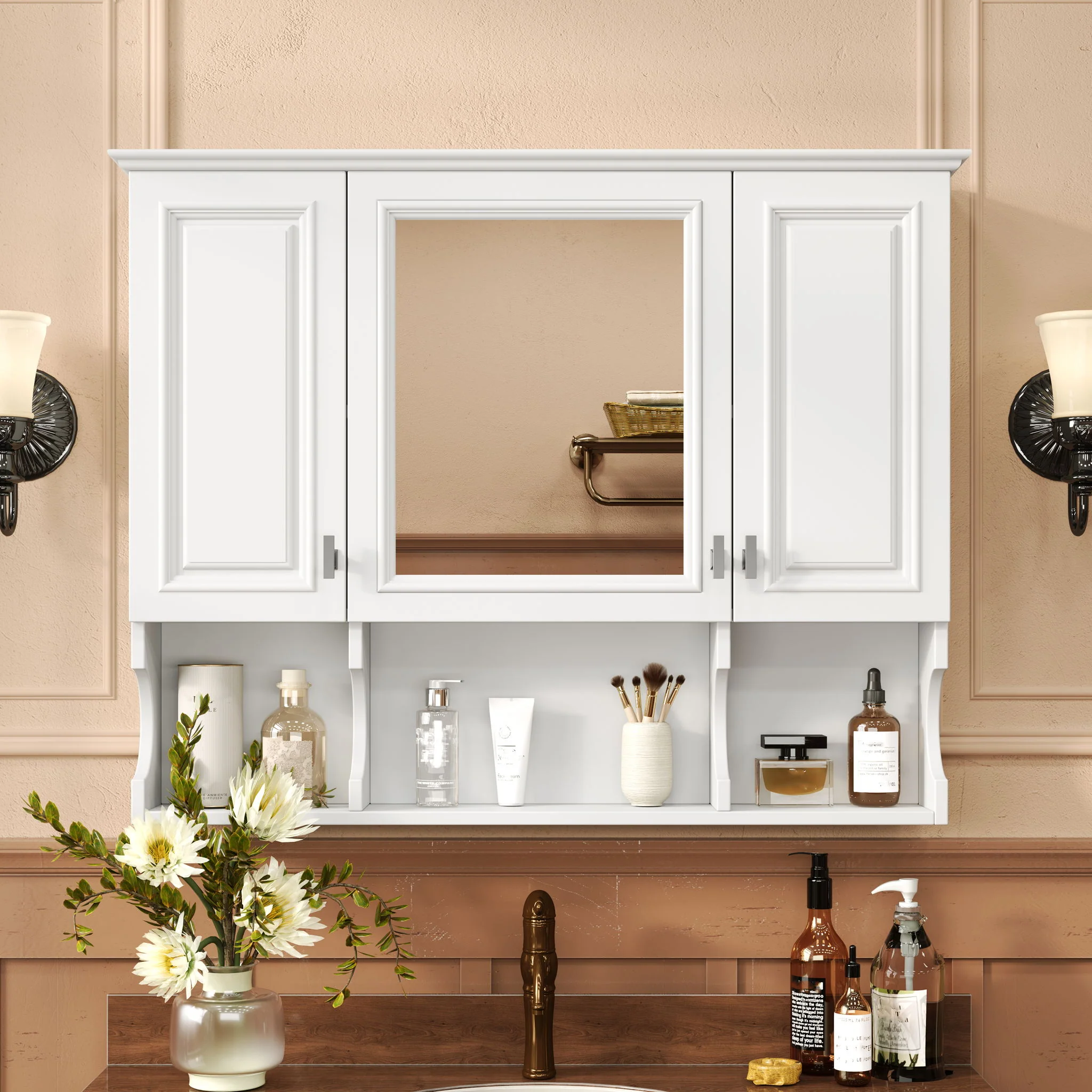 Wall Mounted Bathroom Medicine Wall Cabinet With Mirror & Open Shelves - Image 12