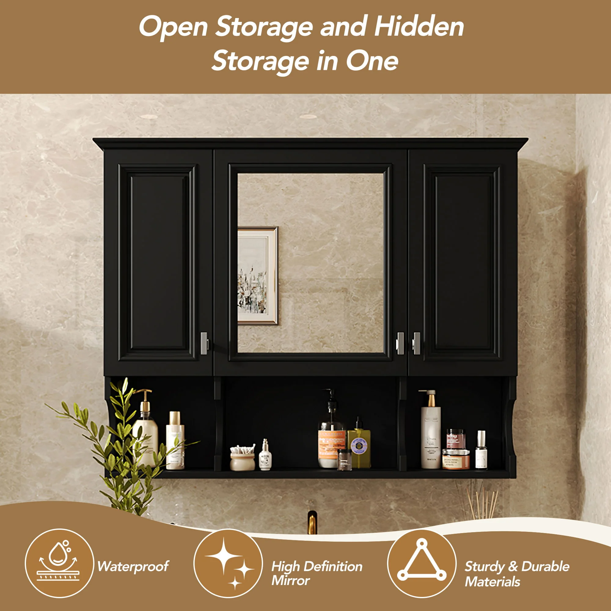 Wall Mounted Bathroom Medicine Wall Cabinet With Mirror & Open Shelves - Image 25