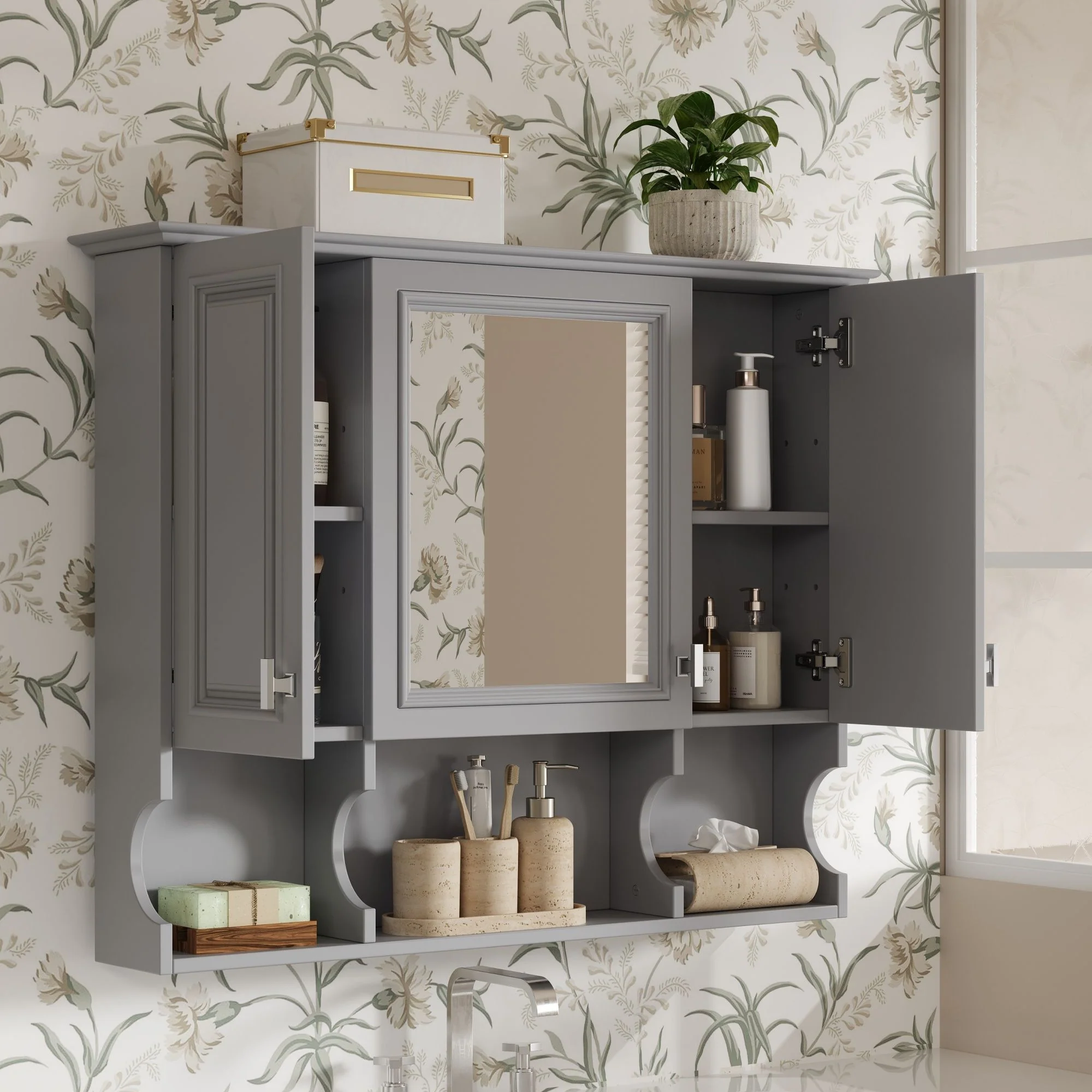 Wall Mounted Bathroom Medicine Wall Cabinet With Mirror & Open Shelves - Image 9