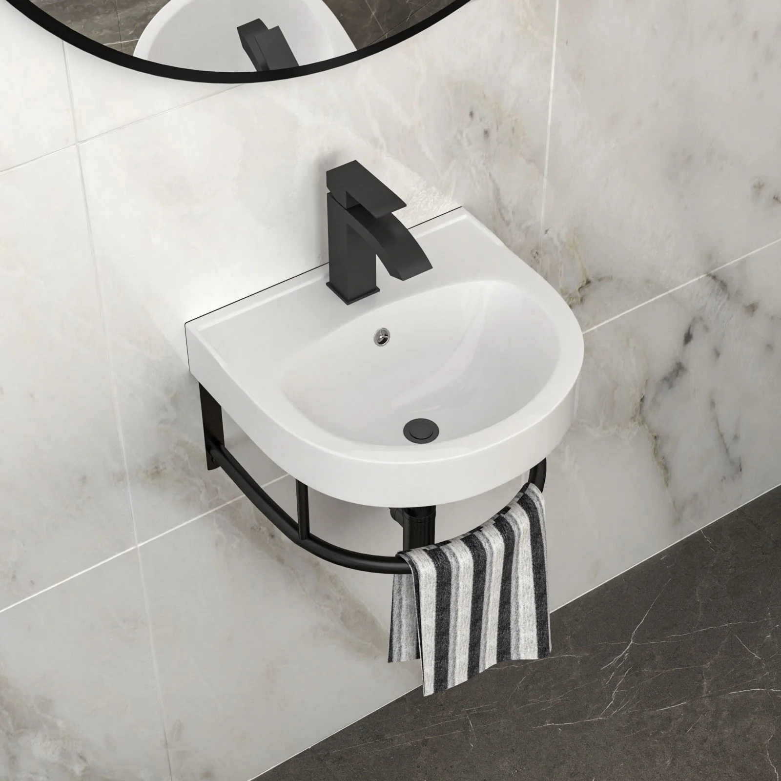Wall Mounted Bathroom Sink With Towel Bar And Faucet - White / Black - Image 4