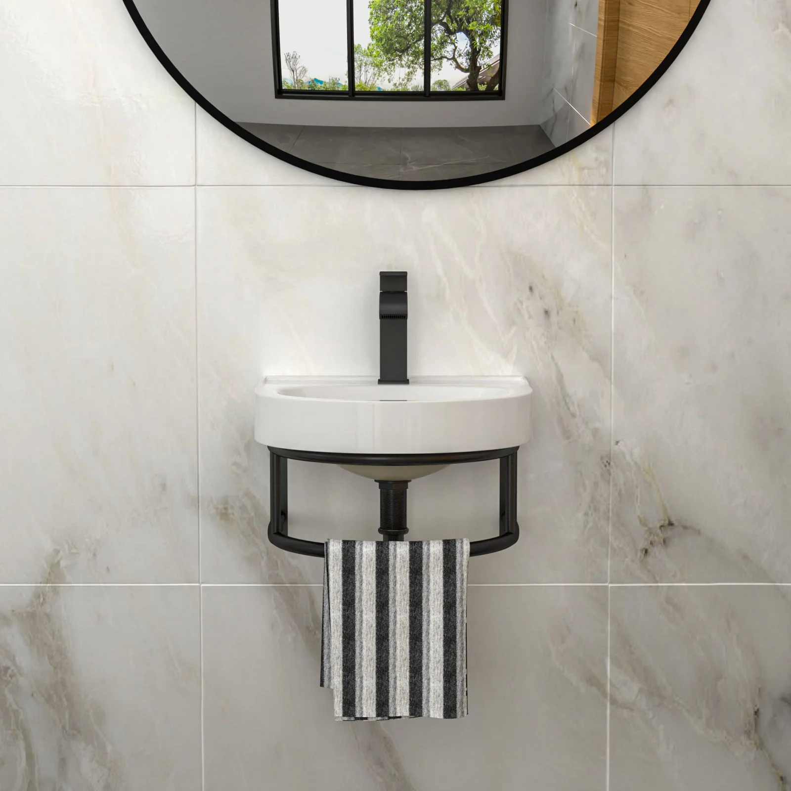 Wall Mounted Bathroom Sink With Towel Bar And Faucet - White / Black - Image 6