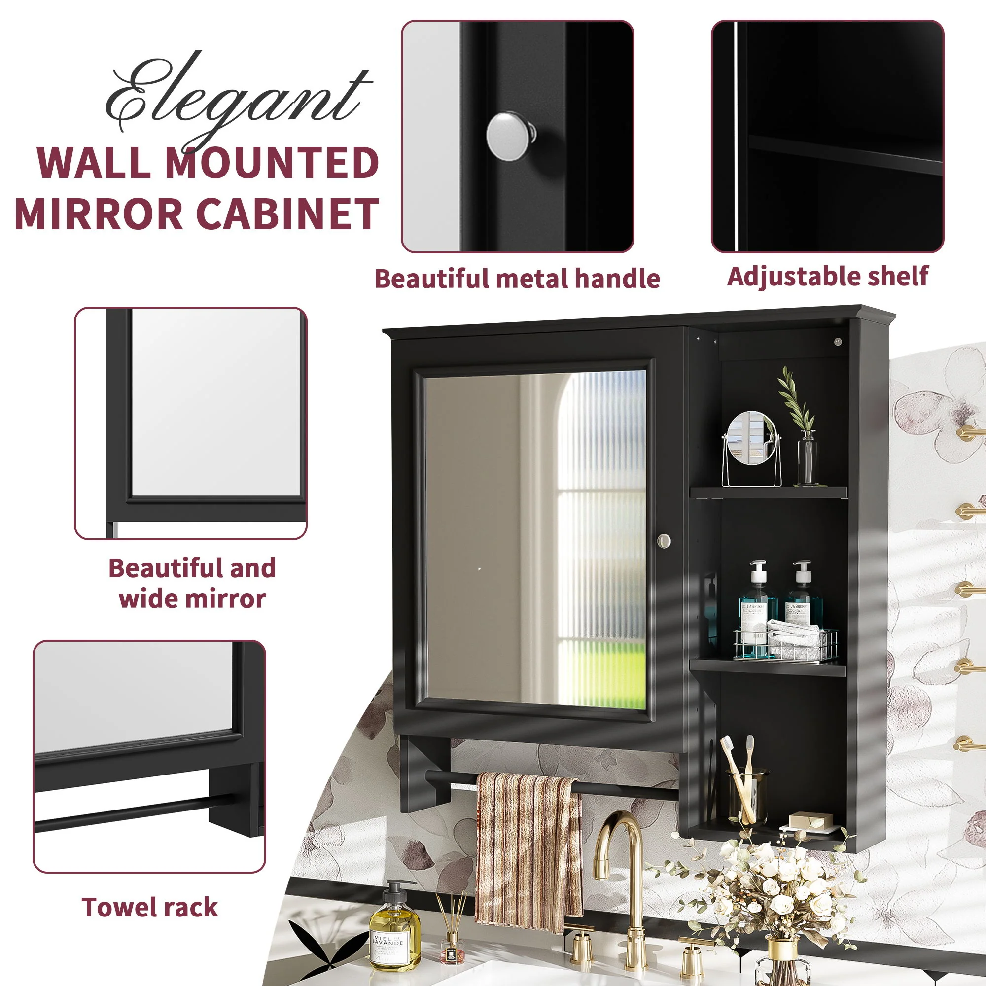 Wall Mounted Bathroom Storage Cabinet, Medicine Cabinets With Large Mirror Door, Adjustable Shelves And Three Open Storage Levels(Not Include Bathroom Vanity) - Image 12