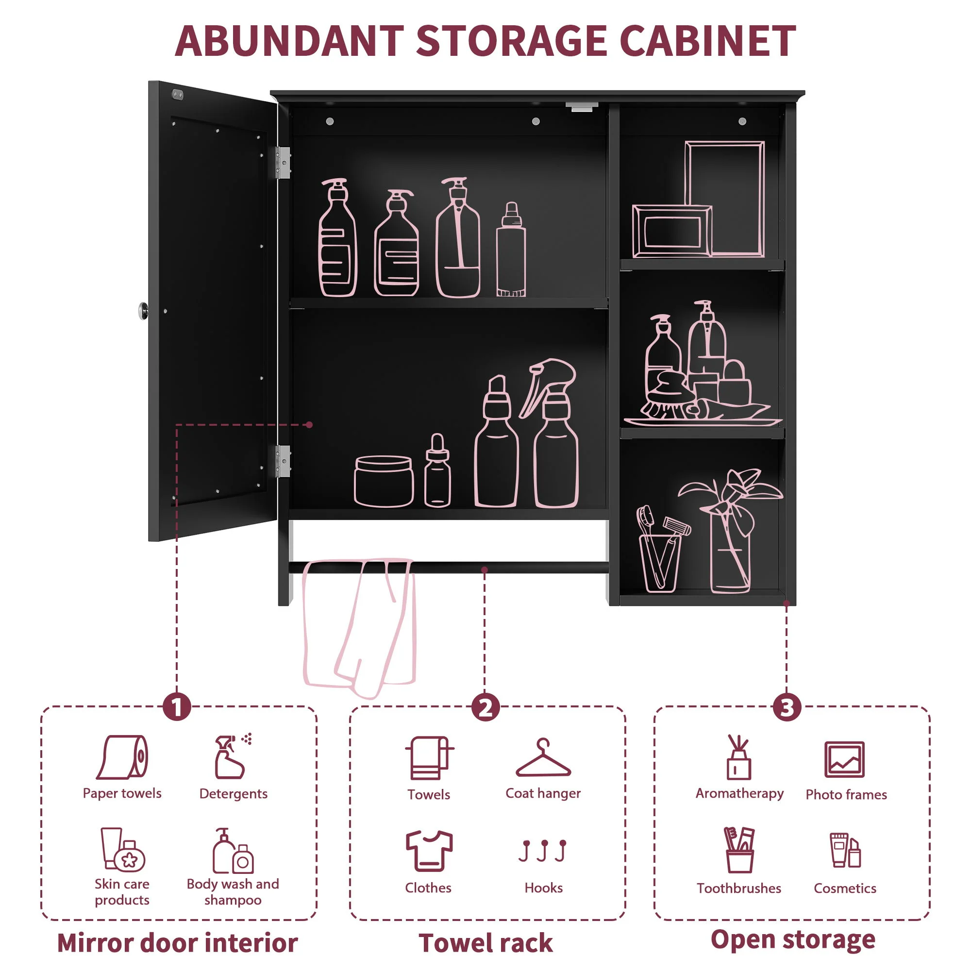 Wall Mounted Bathroom Storage Cabinet, Medicine Cabinets With Large Mirror Door, Adjustable Shelves And Three Open Storage Levels(Not Include Bathroom Vanity) - Image 13