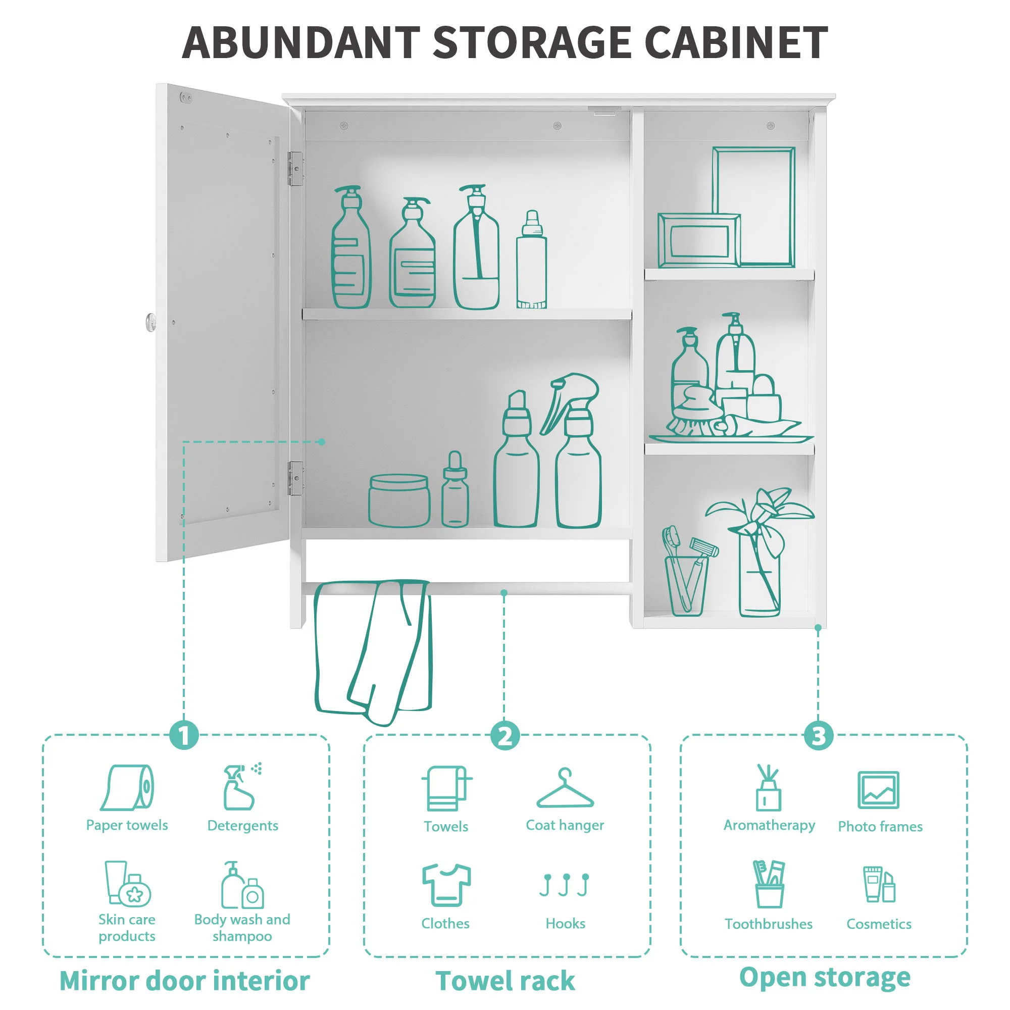 Wall Mounted Bathroom Storage Cabinet, Medicine Cabinets With Large Mirror Door, Adjustable Shelves And Three Open Storage Levels(Not Include Bathroom Vanity) - Image 14