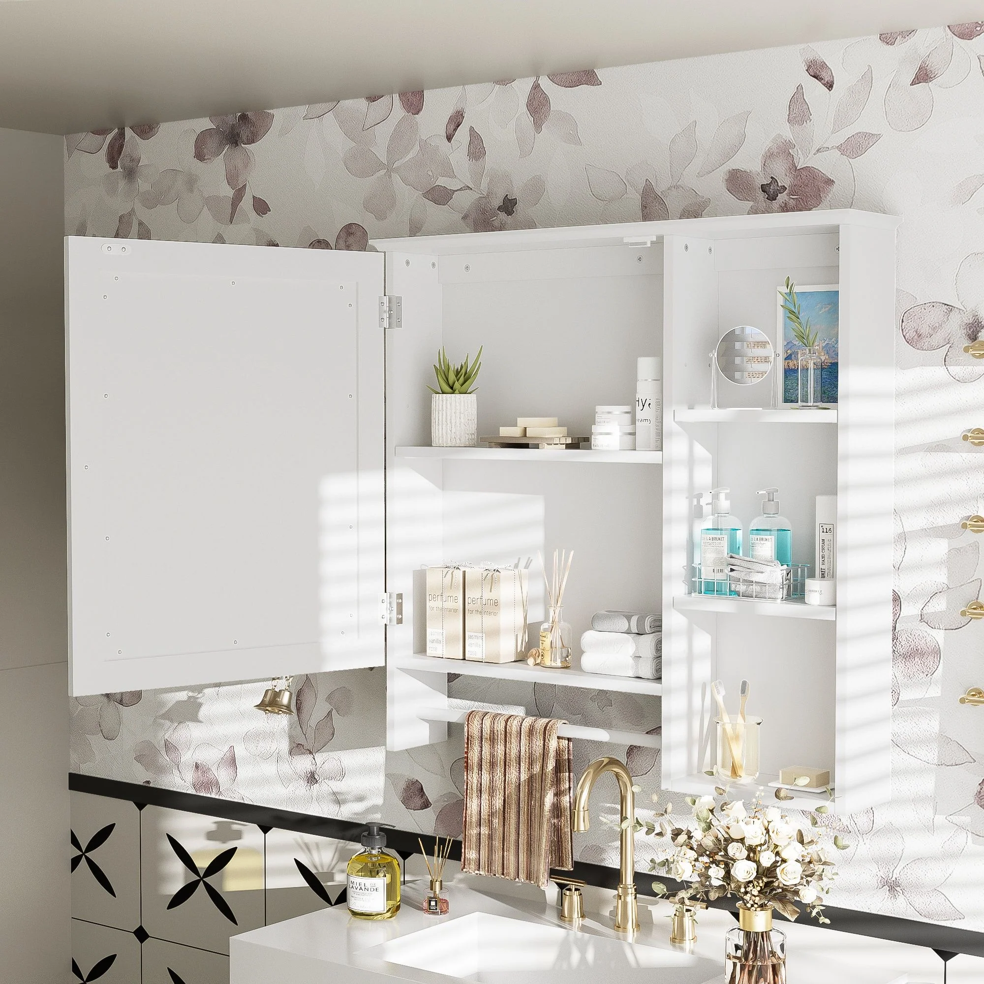 Wall Mounted Bathroom Storage Cabinet, Medicine Cabinets With Large Mirror Door, Adjustable Shelves And Three Open Storage Levels(Not Include Bathroom Vanity) - Image 15