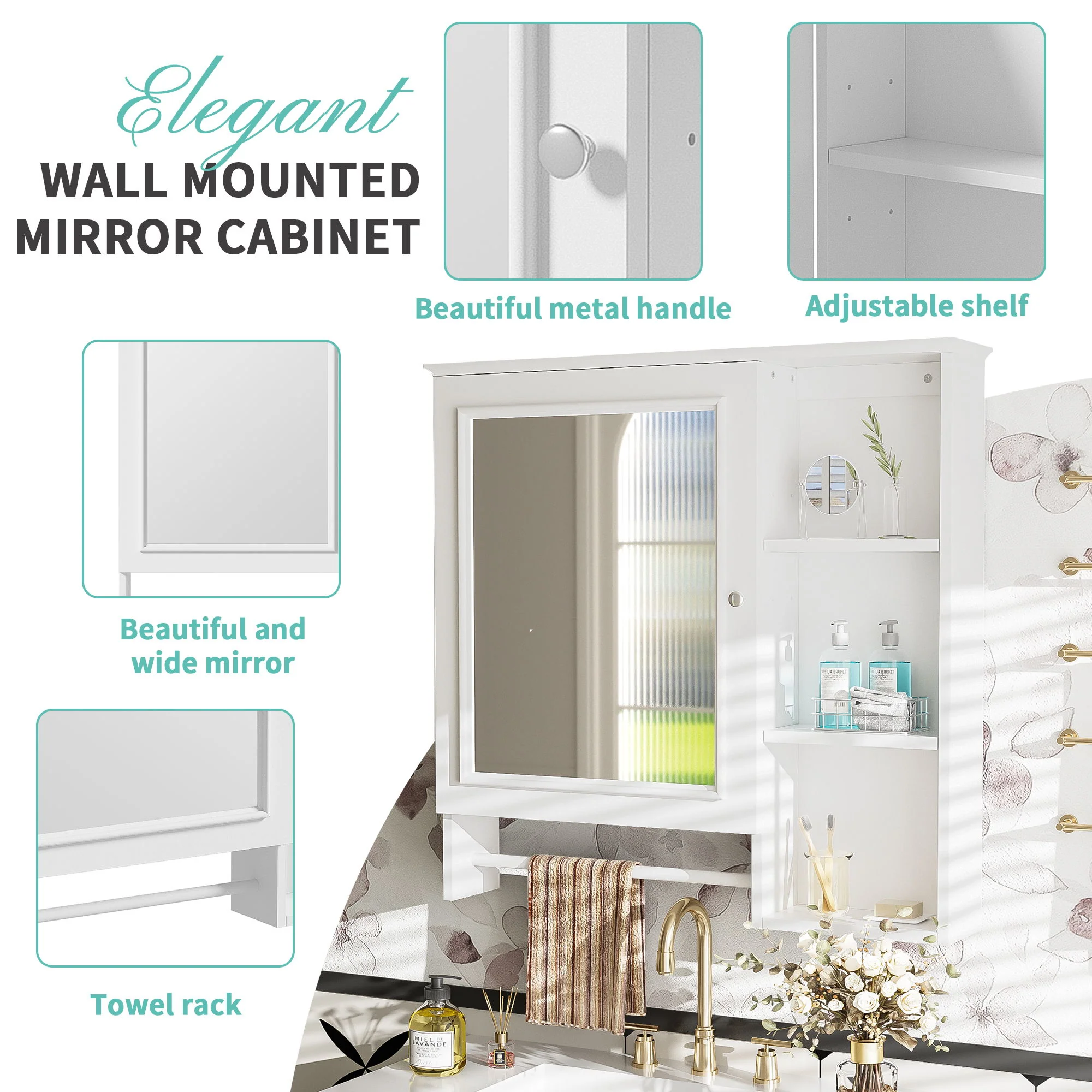 Wall Mounted Bathroom Storage Cabinet, Medicine Cabinets With Large Mirror Door, Adjustable Shelves And Three Open Storage Levels(Not Include Bathroom Vanity) - Image 8