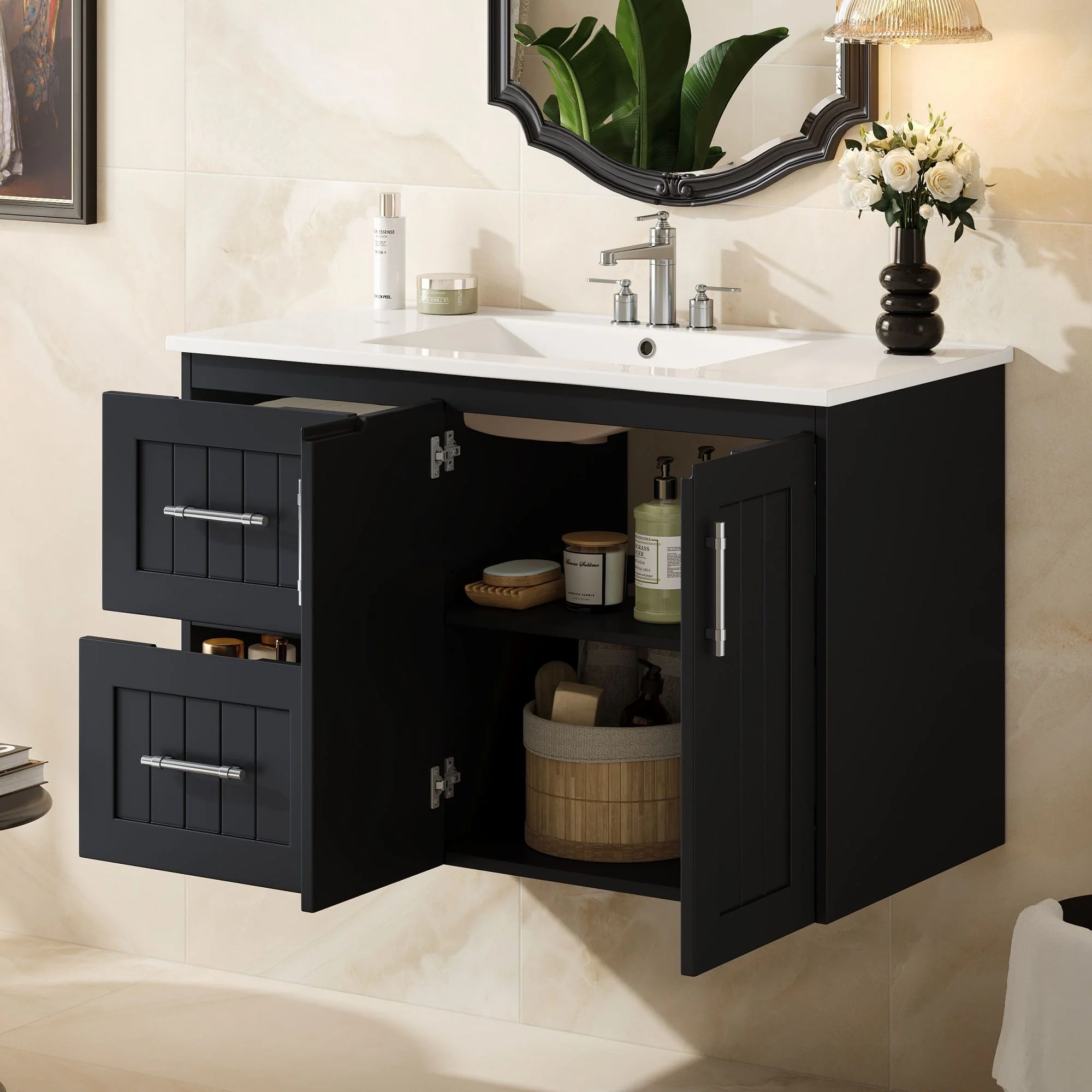Wall Mounted Bathroom Vanity & Sink, 2 Drawers - Image 3