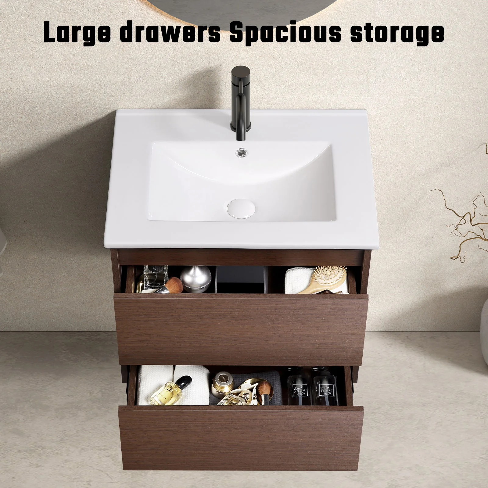 Wall-Mounted Bathroom Vanity, Soft-Close Drawer, Premium Slides - Black Brown - Image 4