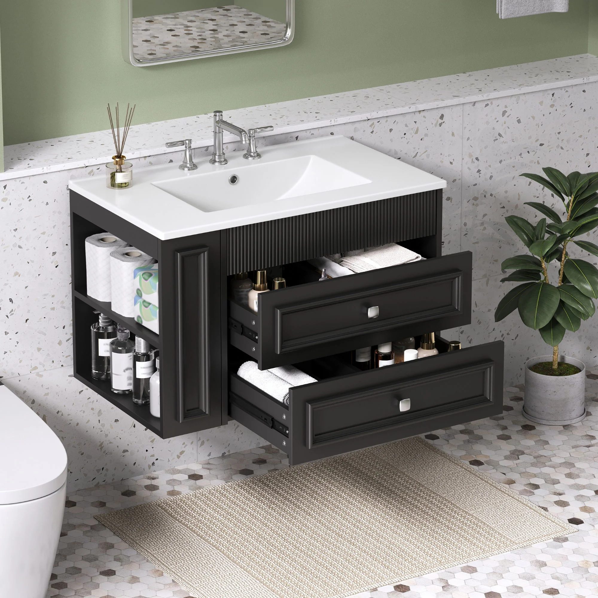 Wall Mounted Bathroom Vanity With 2 Drawers, Sink, Floating Storage Unit - Image 3