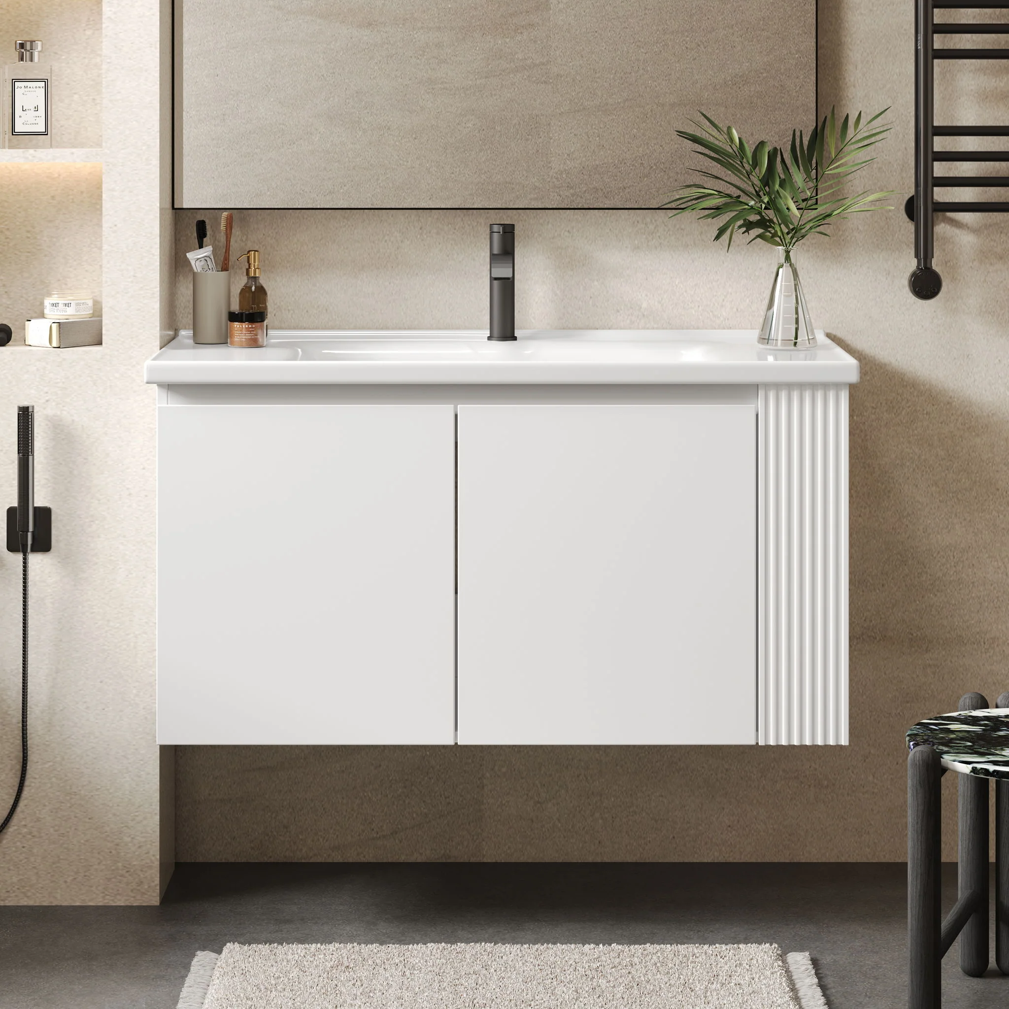 Wall Mounted Bathroom Vanity With Sink, 2 Open Shelves - White - Image 6