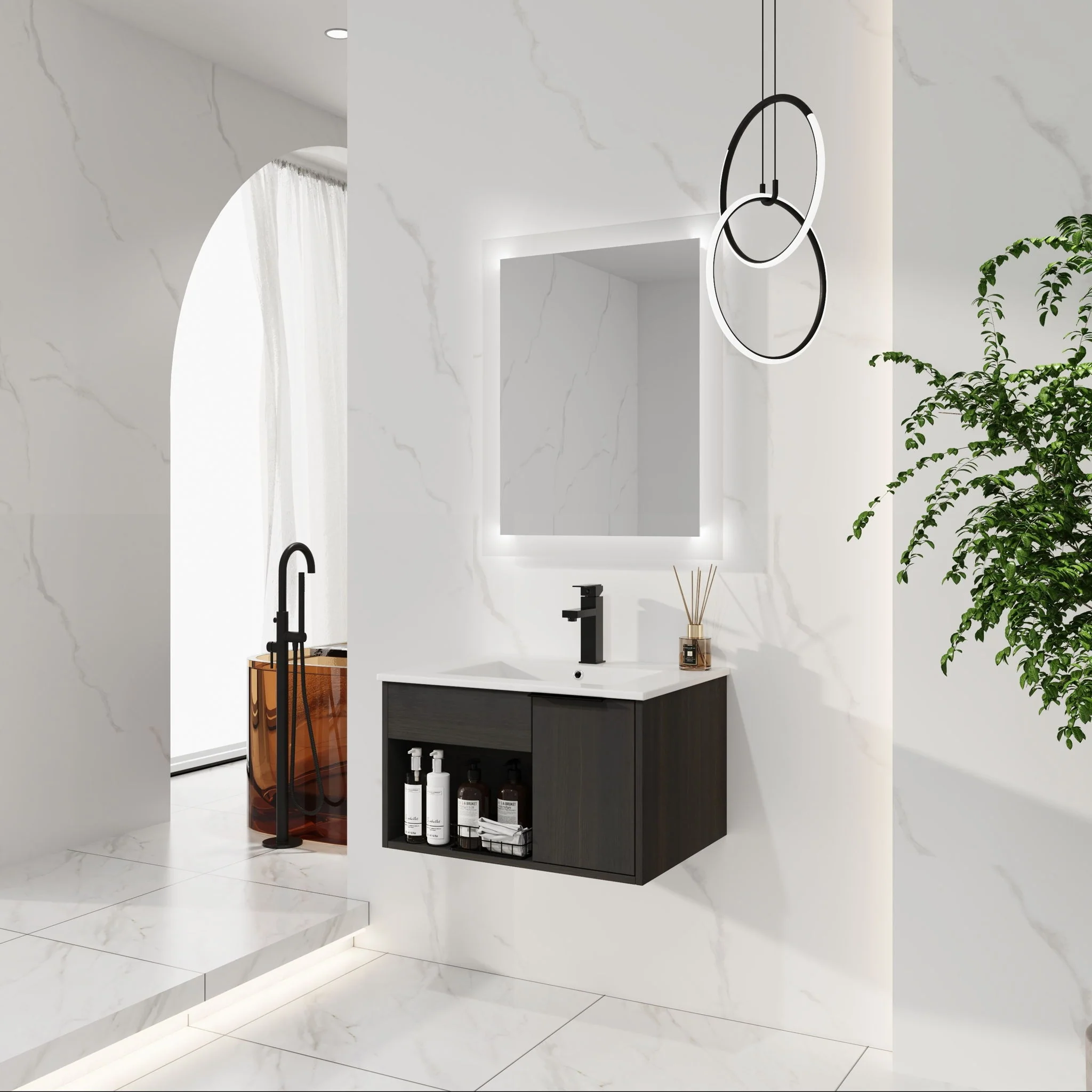 Wall Mounted Floating Bathroom Vanity With Open Shelf & Soft Close Door - Image 5