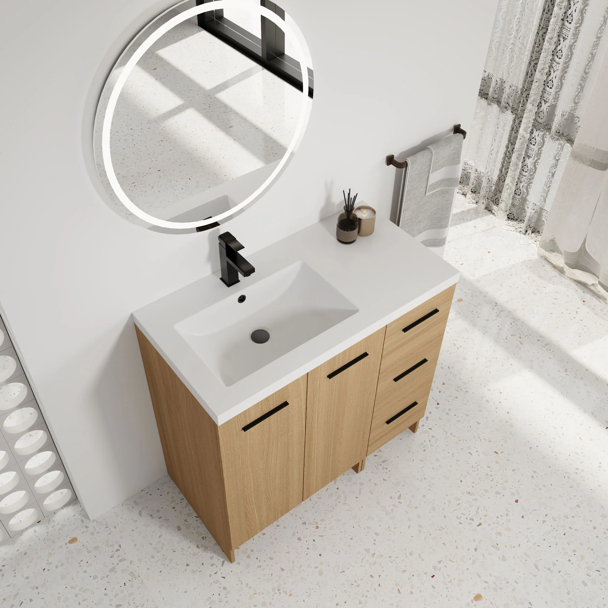 Wall Mounted Floating Bathroom Vanity With Sink, Door & Drawers Modular Cabinet - Image 12