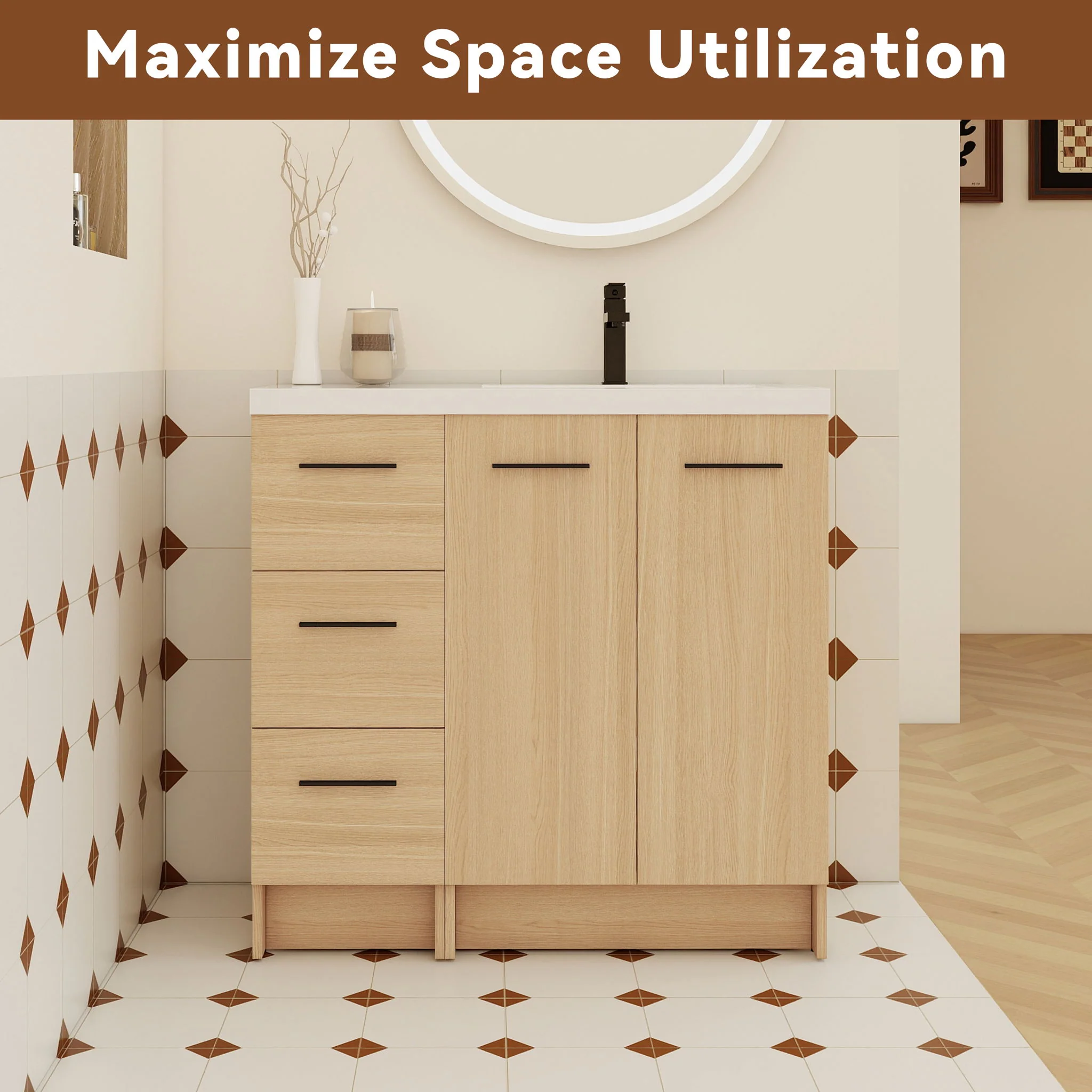 Wall Mounted Floating Bathroom Vanity With Sink, Door & Drawers Modular Cabinet - Image 3