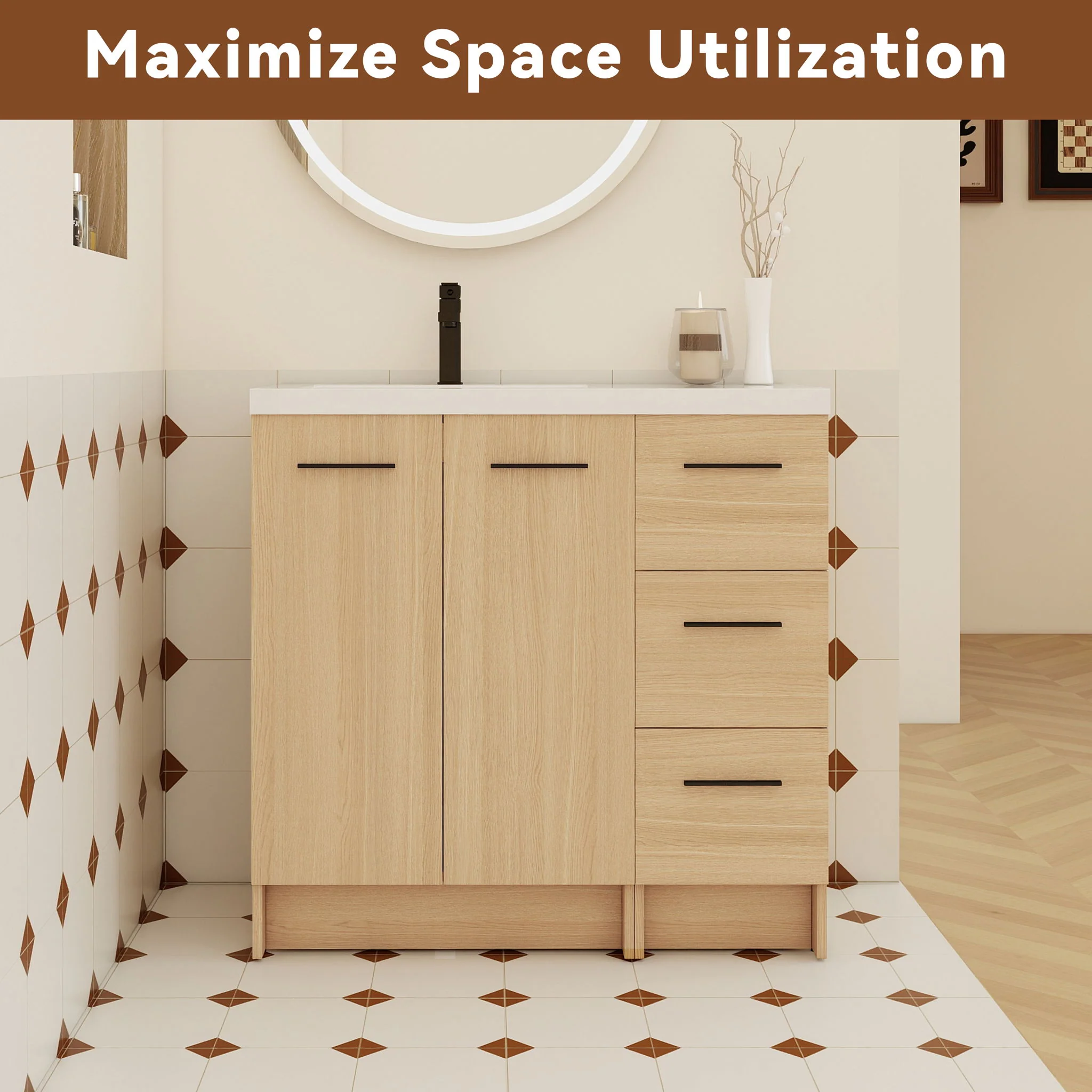 Wall Mounted Floating Bathroom Vanity With Sink, Door & Drawers Modular Cabinet - Image 7