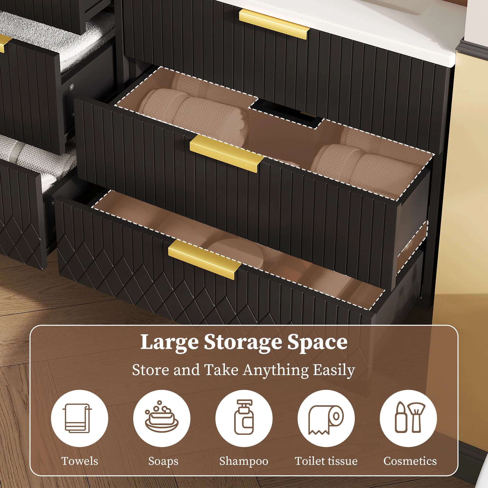 Wall Mounted Floating Cabinet With Double Drawer, Rectangular Sink - Image 10