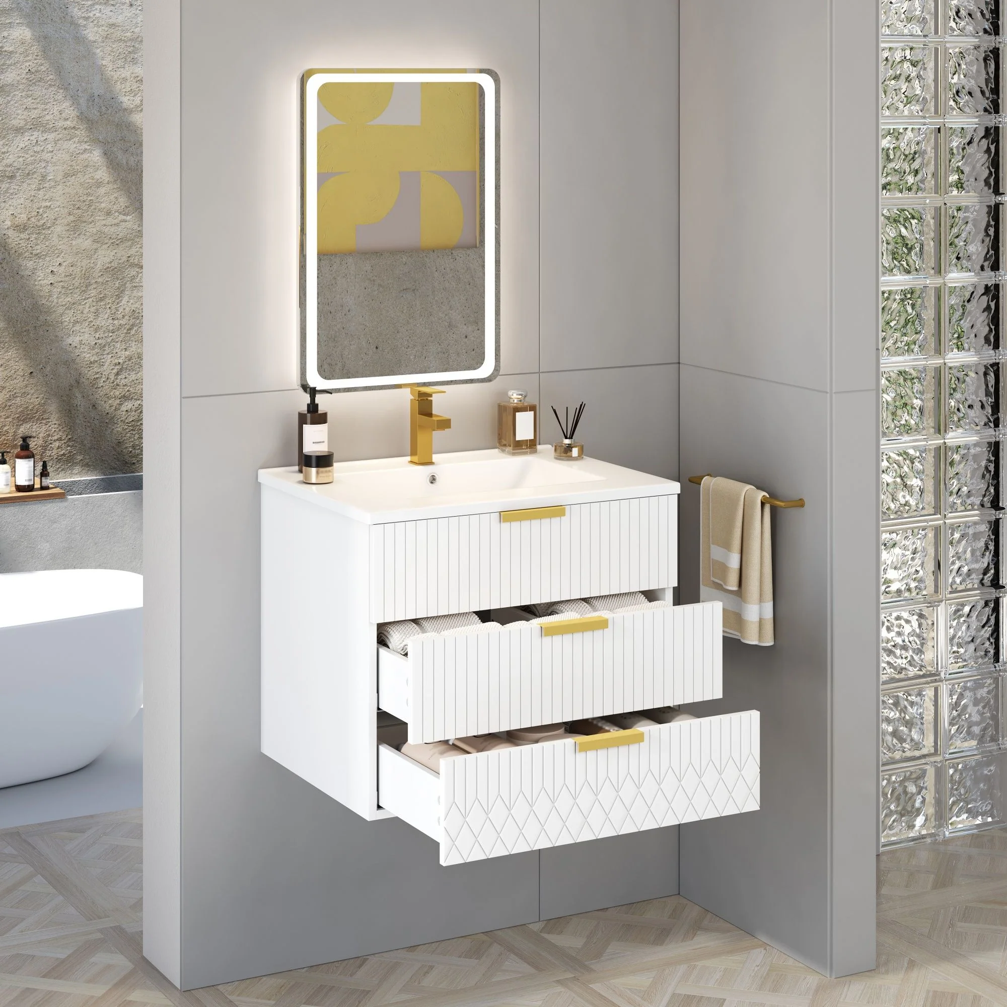 Wall Mounted Floating Cabinet With Double Drawer, Rectangular Sink - Image 17