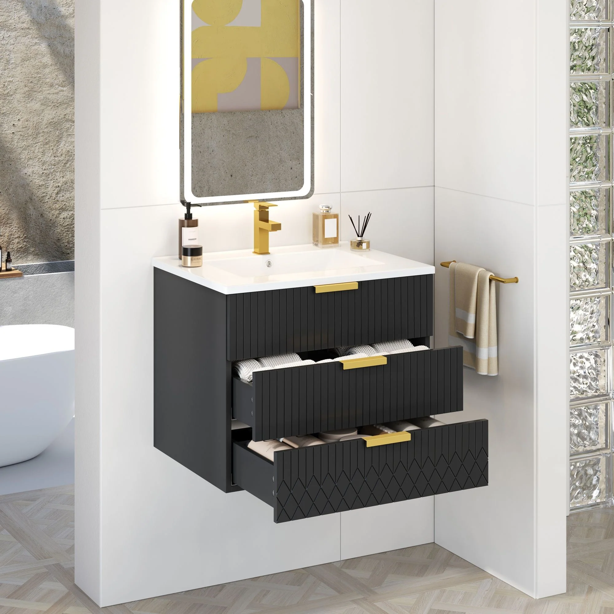 Wall Mounted Floating Cabinet With Double Drawer, Rectangular Sink - Image 18