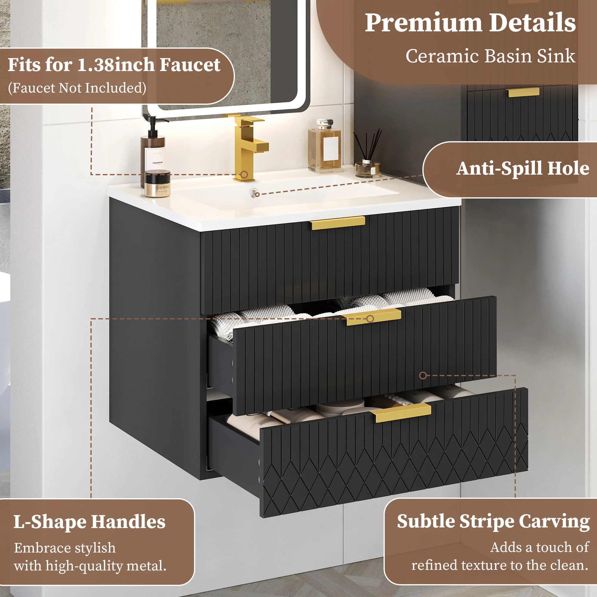 Wall Mounted Floating Cabinet With Double Drawer, Rectangular Sink - Image 3