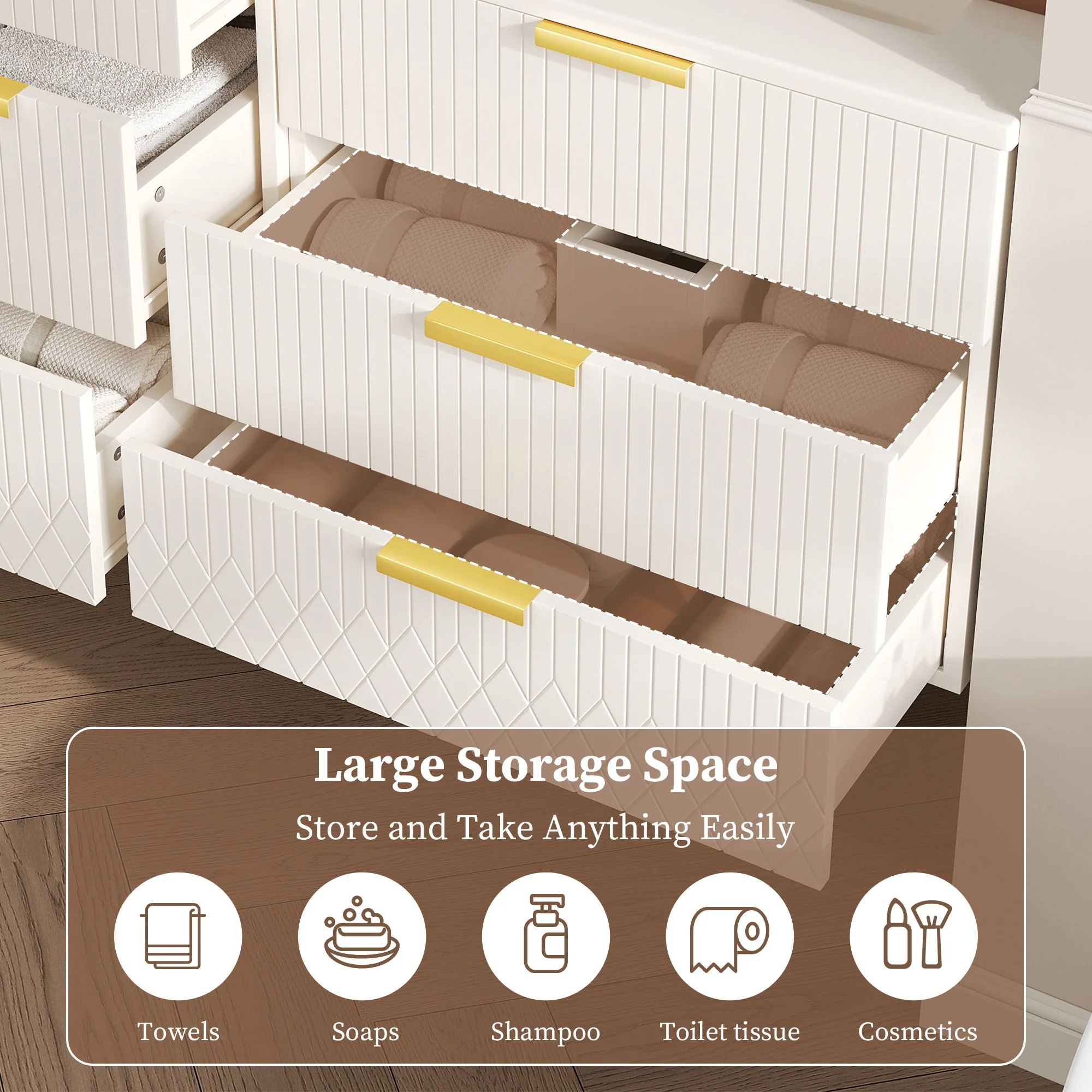 Wall Mounted Floating Cabinet With Double Drawer, Rectangular Sink - Image 4