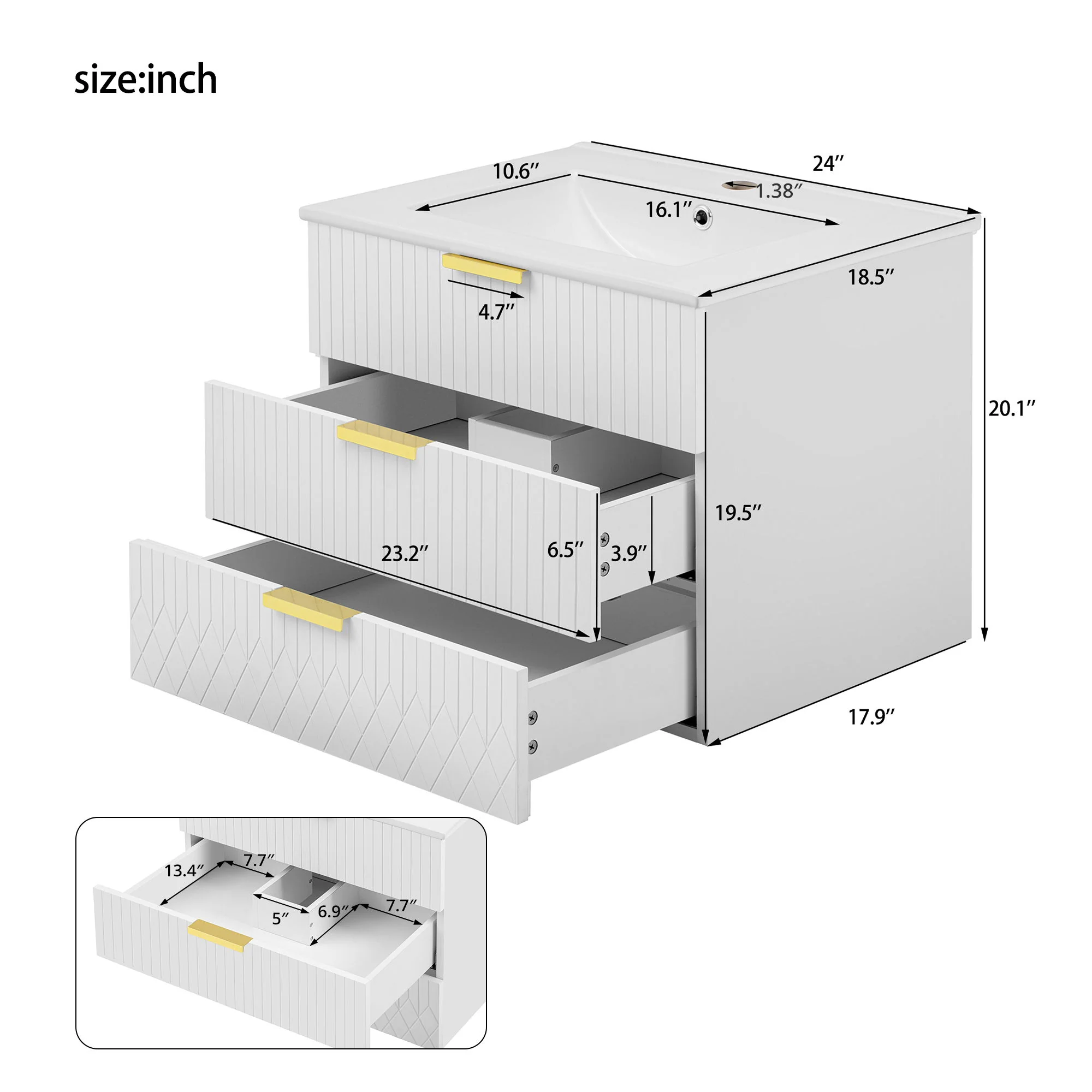 Wall Mounted Floating Cabinet With Double Drawer, Rectangular Sink - Image 7