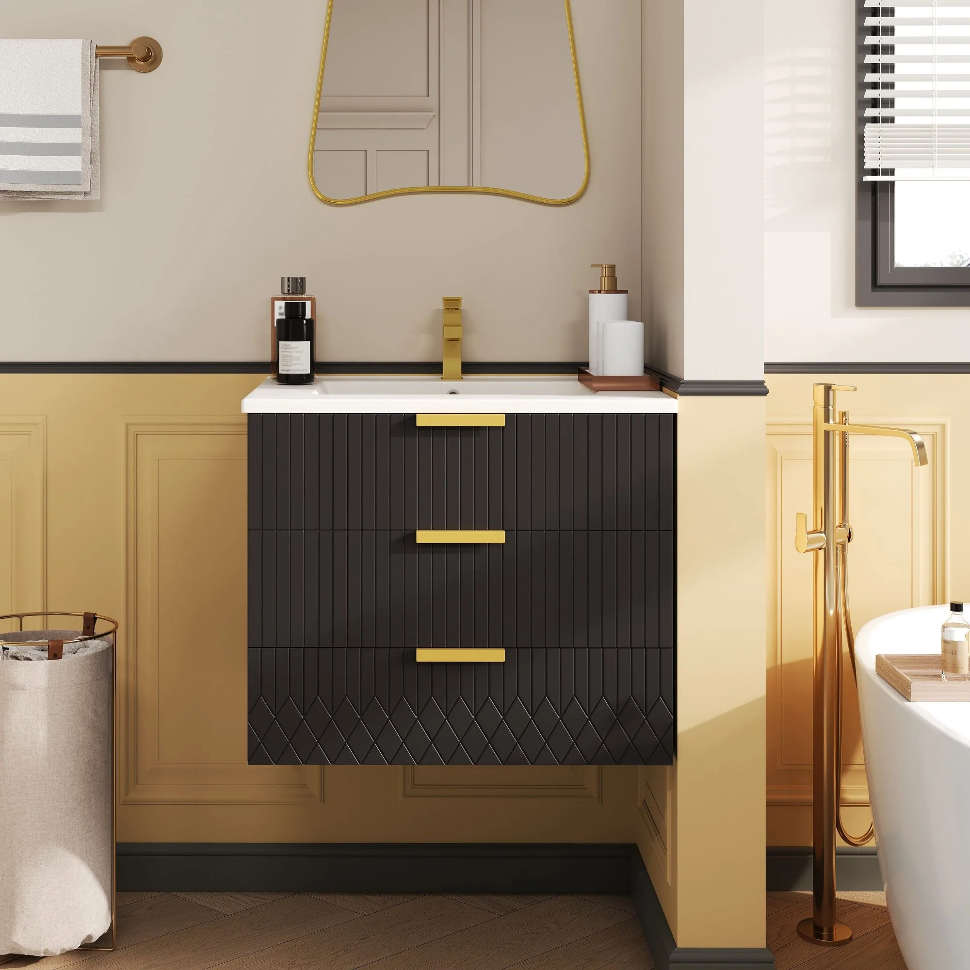 Wall Mounted Floating Cabinet With Double Drawer, Rectangular Sink - Image 9