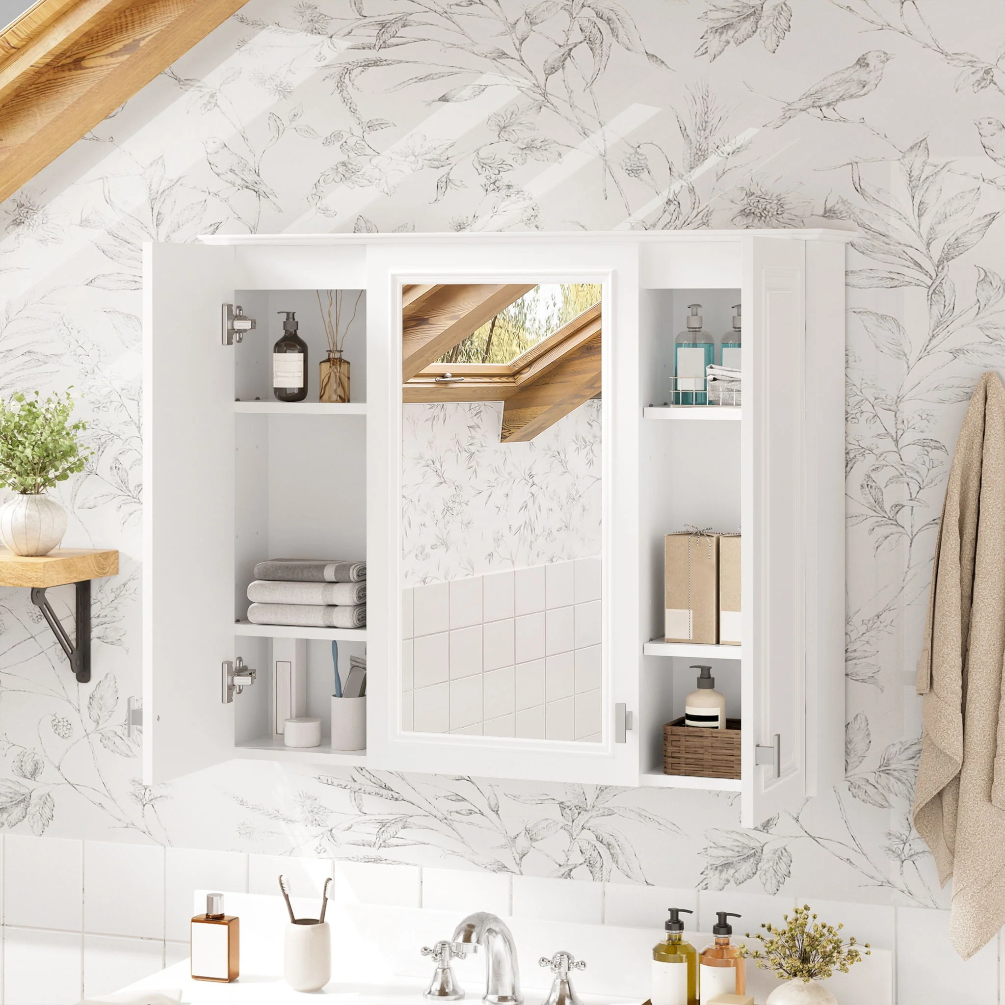 Wall Mounted Mirror Cabinet With 5 Adjustable Shelves, Rectangular Storage For Bathroom - White - Image 8