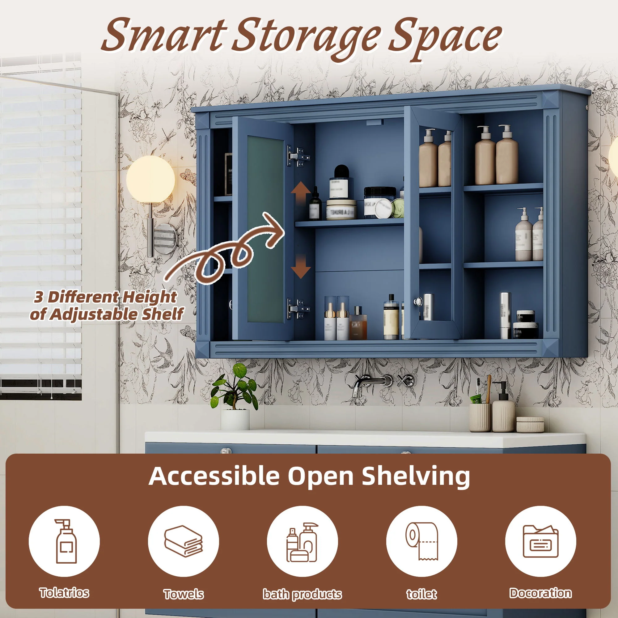 Wall-Mounted Mirror Cabinet With Adjustable Shelf And Open Shelves - Image 17