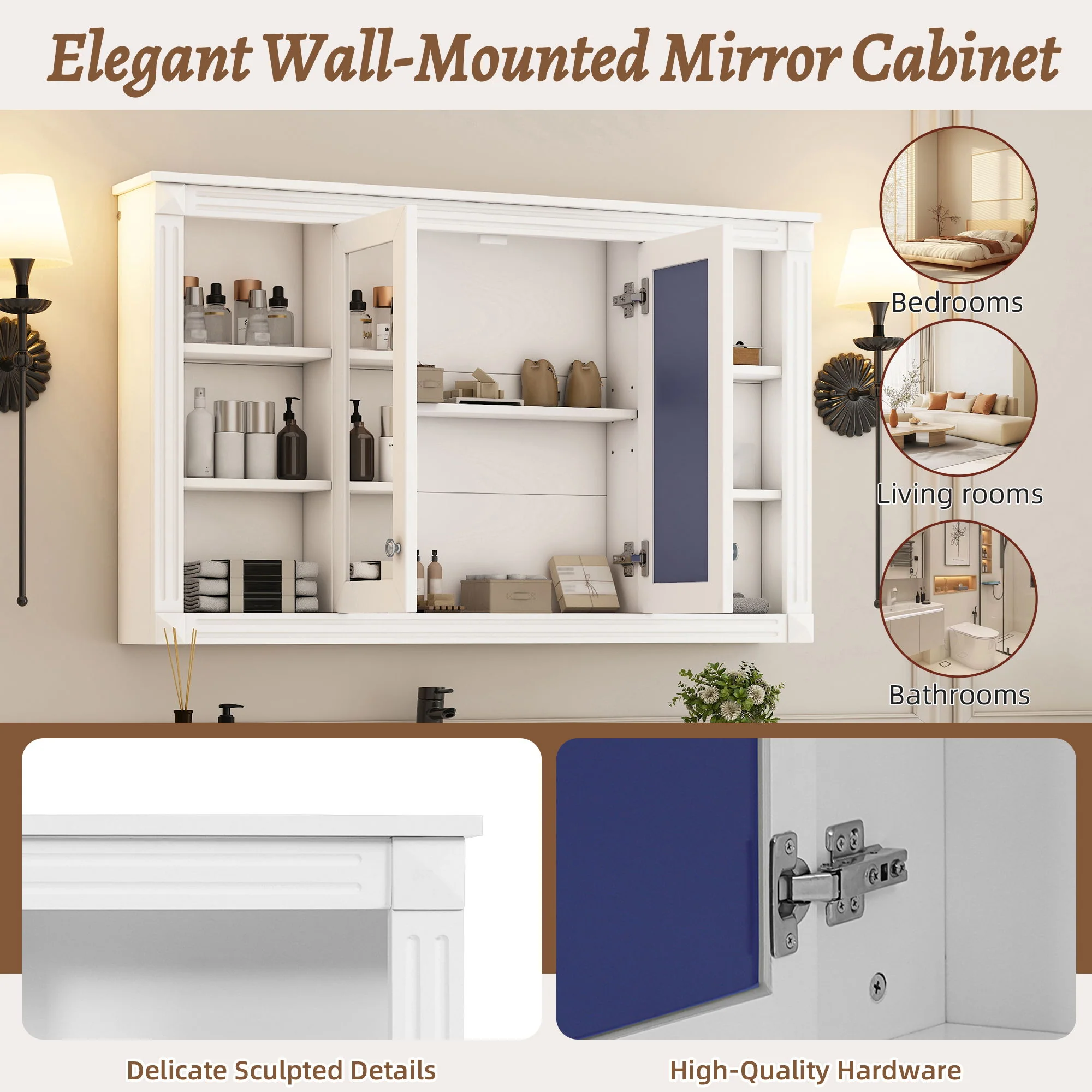 Wall-Mounted Mirror Cabinet With Adjustable Shelf And Open Shelves - Image 4