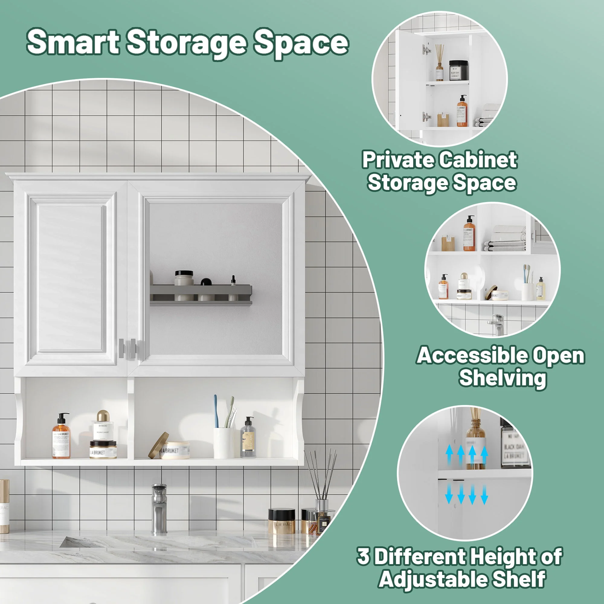 Wall Mounted Mirror Medicine Cabinet, Bathroom Storage With Doors And Open Shelves - Image 4