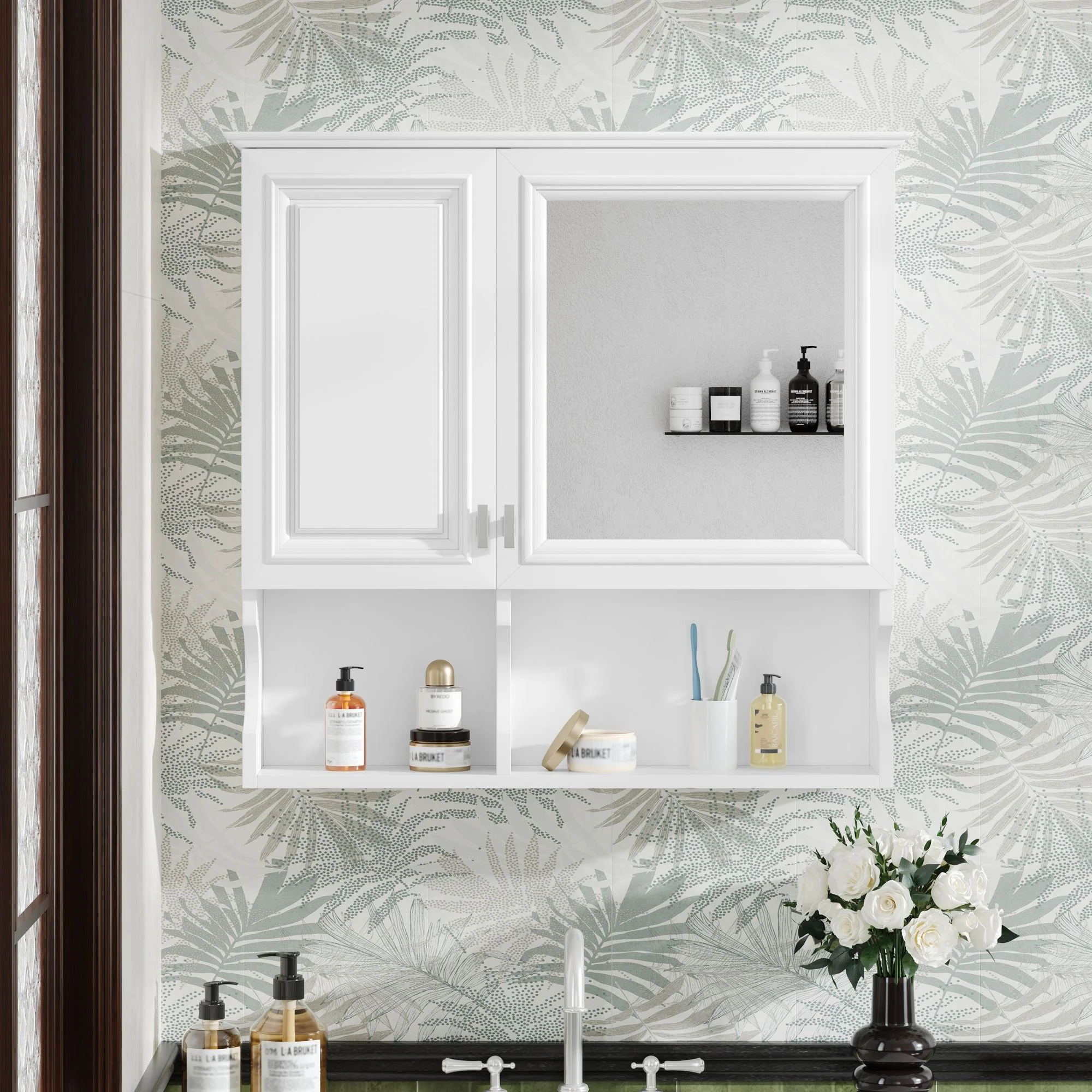 Wall Mounted Mirror Medicine Cabinet, Bathroom Storage With Doors And Open Shelves - Image 5