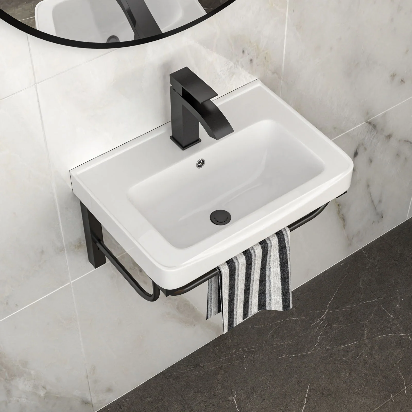 Wall Mounted Rectangular Bathroom Sink With 304 Stainless Steel Towel Bar & Overflow - White - Image 9