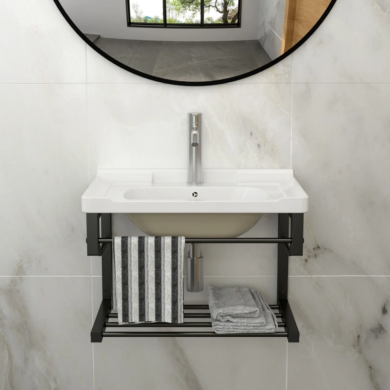 Wall Mounted Rectangular Bathroom Sink With Towel Bar & Overflow - White - Image 8