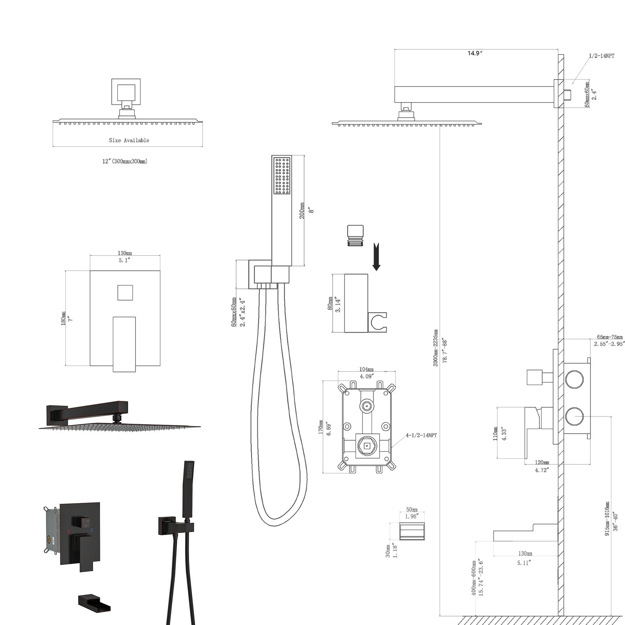 Wall Mounted Square Shower System With Waterfall Tub Spout And 12" Shower Head - Oil-Rubbed Bronze - Image 9