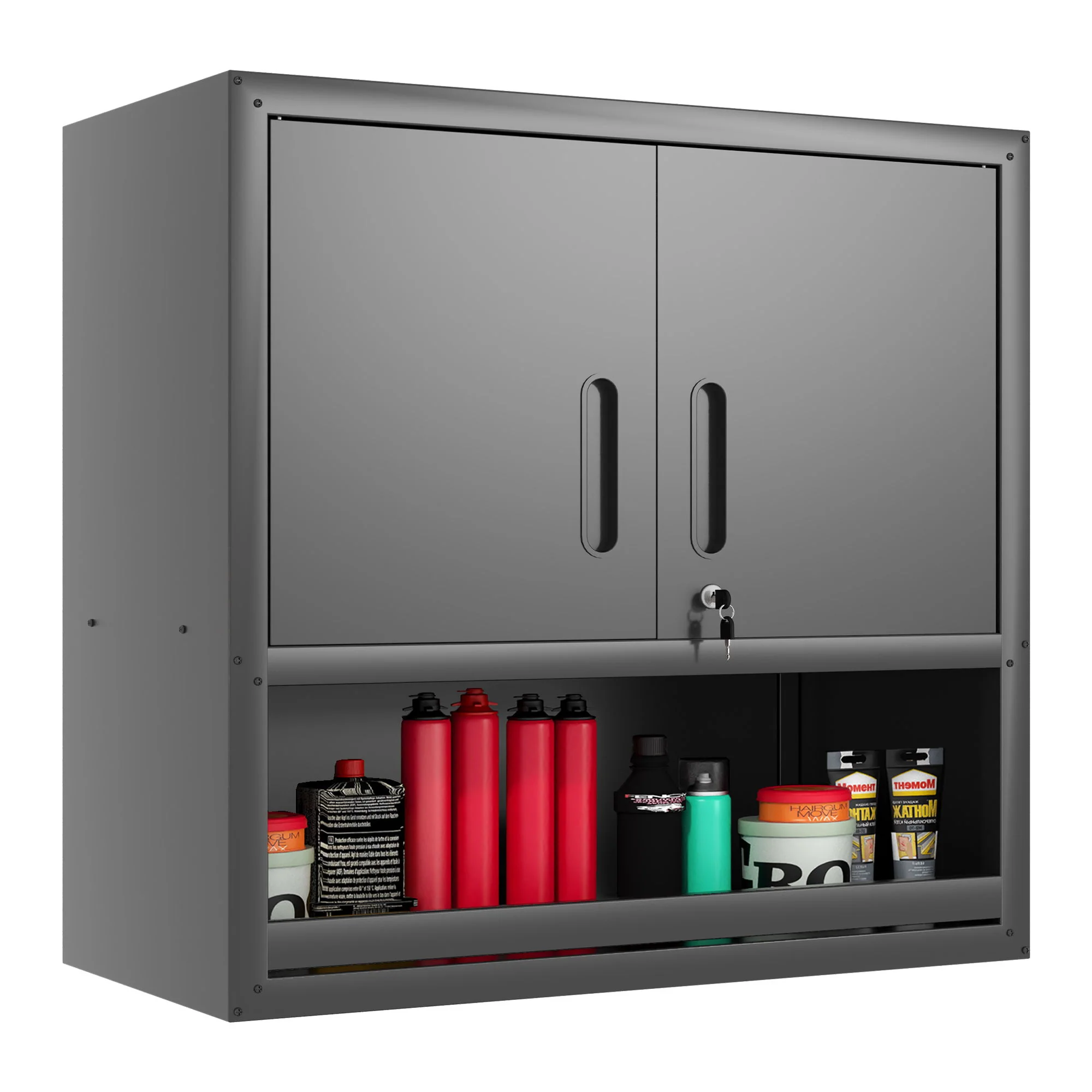Wall-Mounted Storage Cabinet With Locking Door, 1 Shelf And Open Drawer - Black - Image 6