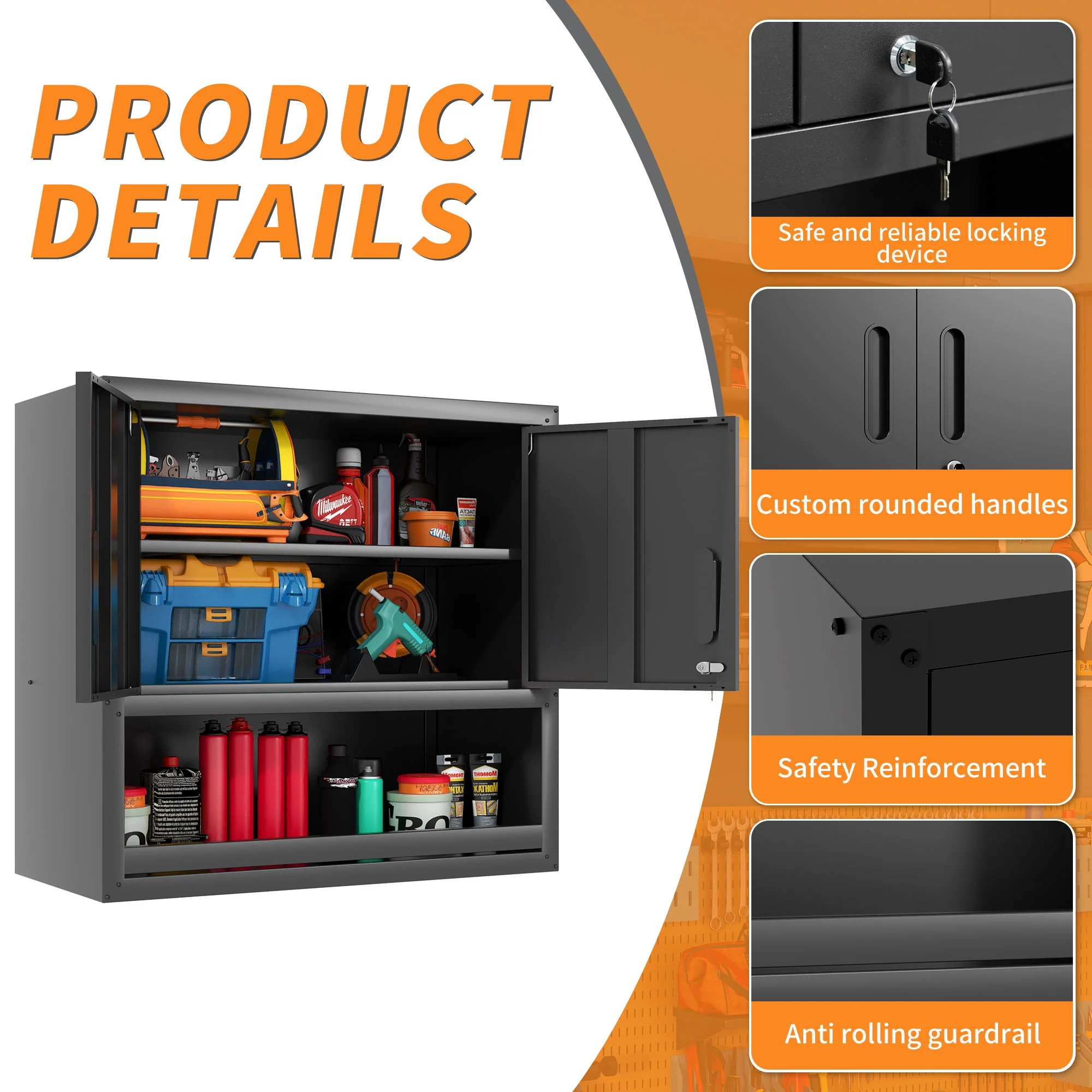 Wall-Mounted Storage Cabinet With Locking Door, 1 Shelf And Open Drawer - Black - Image 7