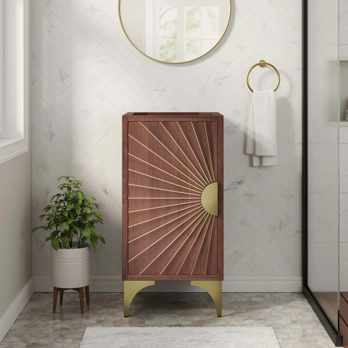 Walnut Mango Wood Modern Bathroom Vanity Cabinet with Drawers and Shelving - Image 9