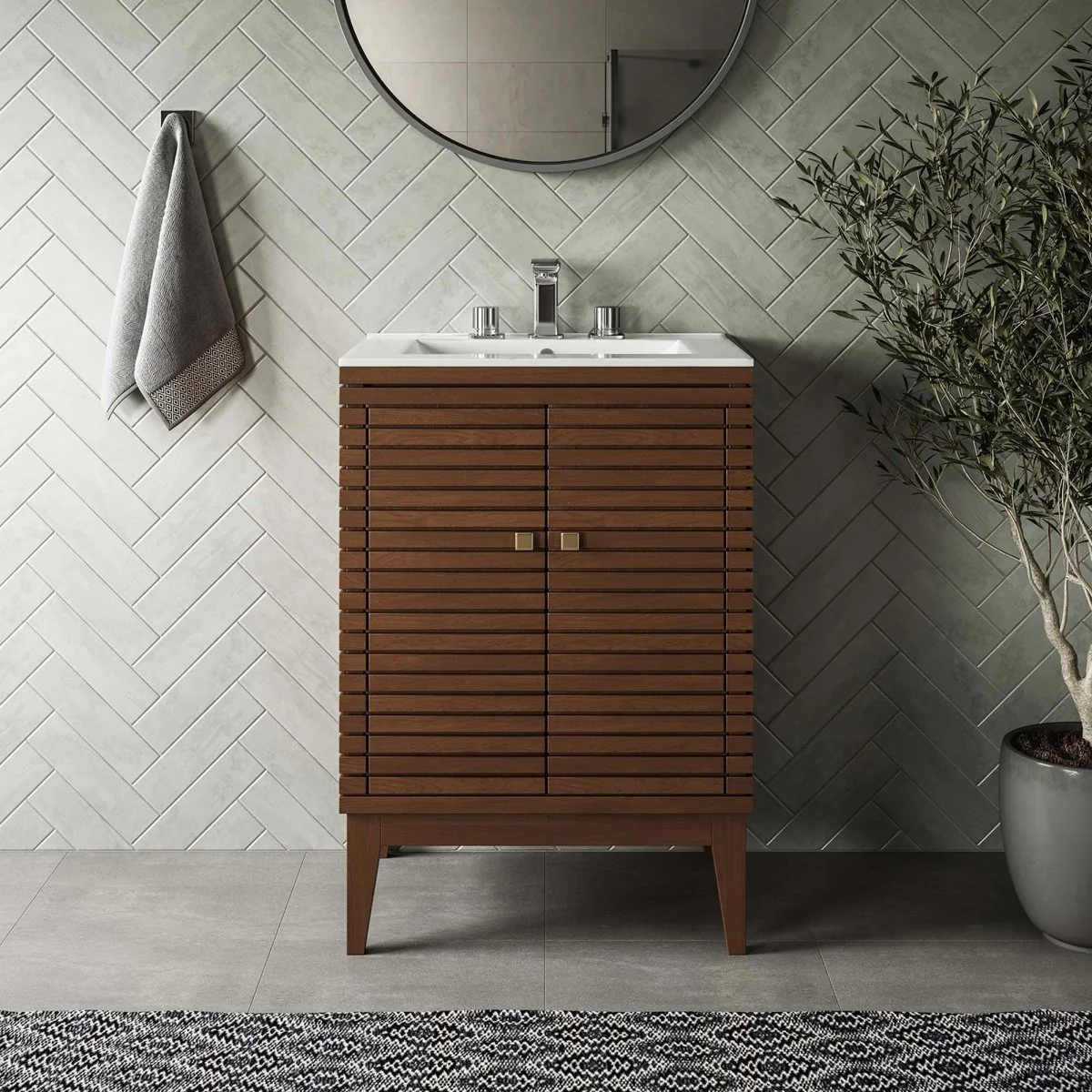 Walnut Mid-Century Wood Bathroom Vanity Cabinet with Drawers and Open Storage - Image 10