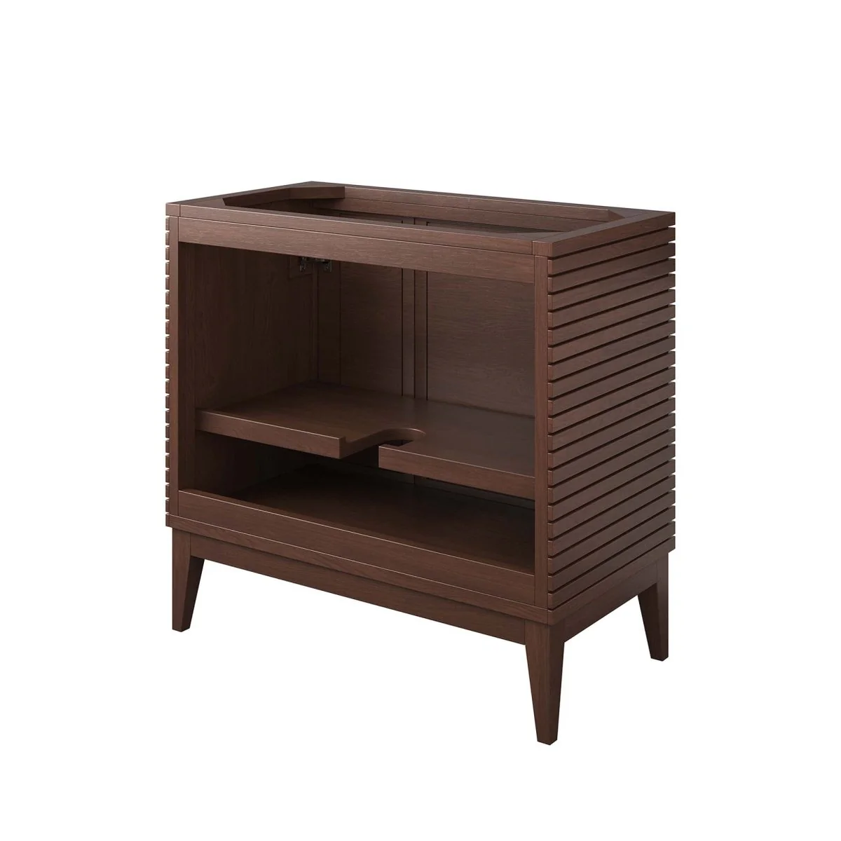 Walnut Mid-Century Wood Bathroom Vanity Cabinet with Drawers and Open Storage - Image 16