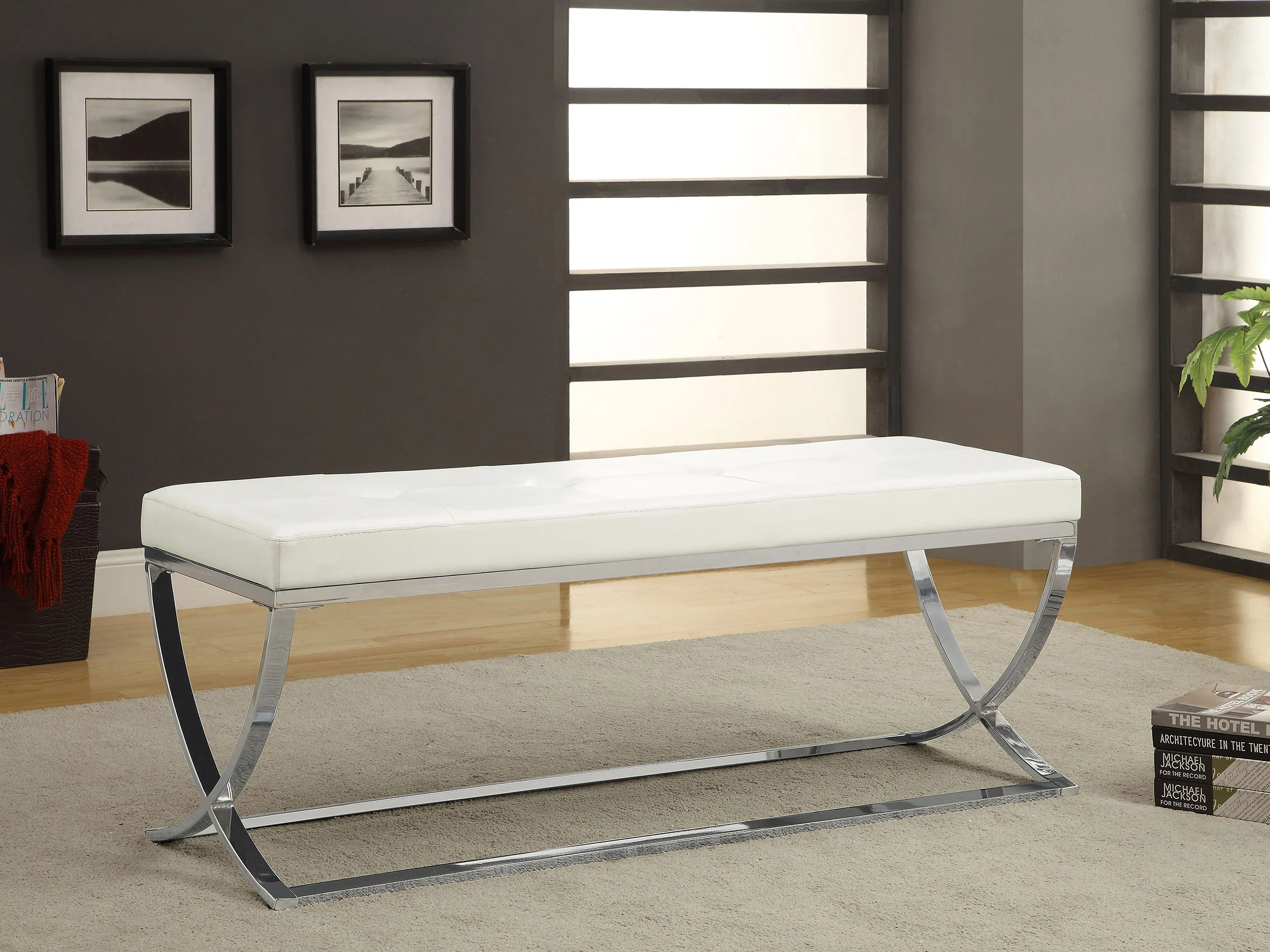 Walton Leatherette Upholstered Tufted Accent Bench, White - Image 2