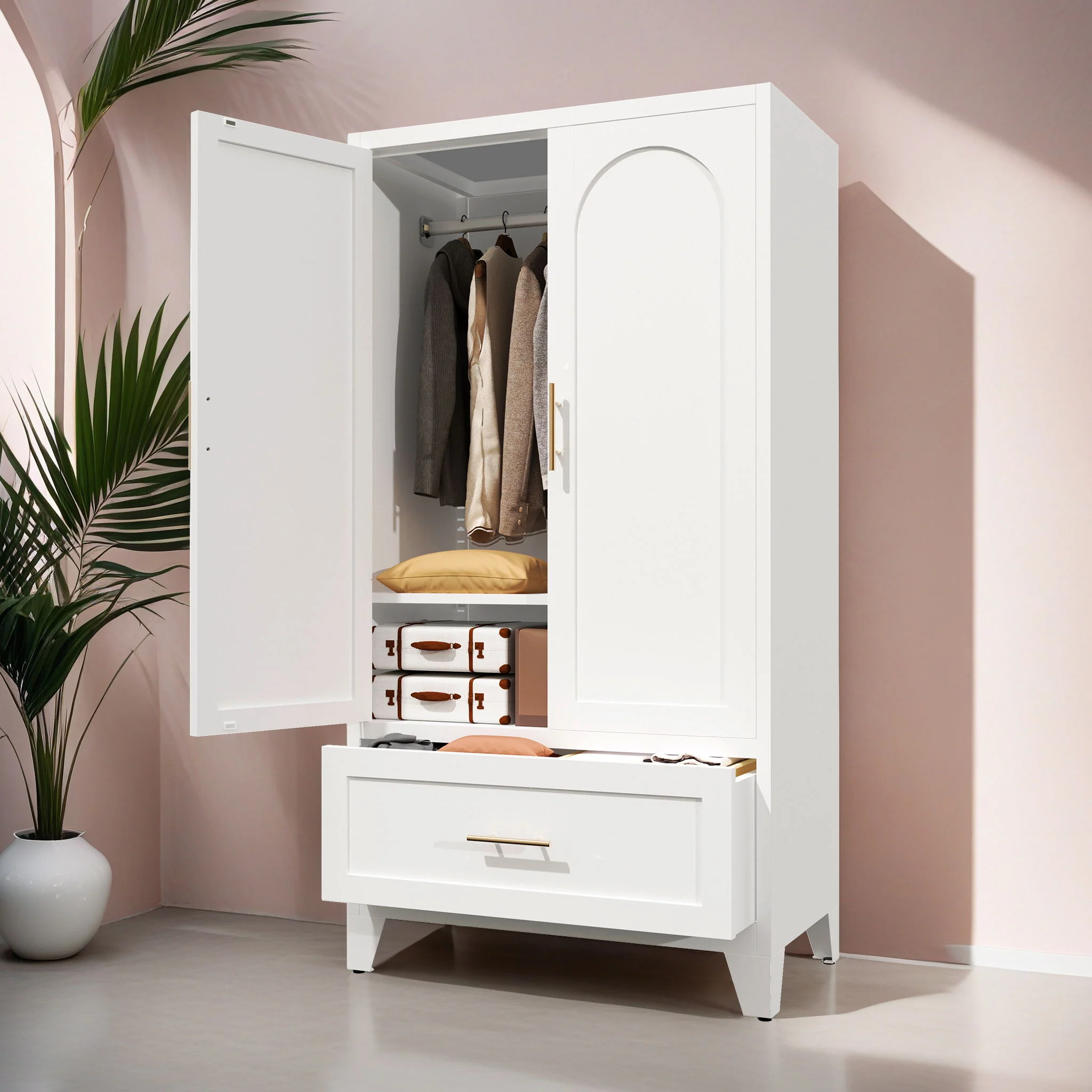 Wardrobe Cabinet With 1 Drawer And Hanging Rod, 2 Doors Closet With Shelf For Bedroom - White - Image 4