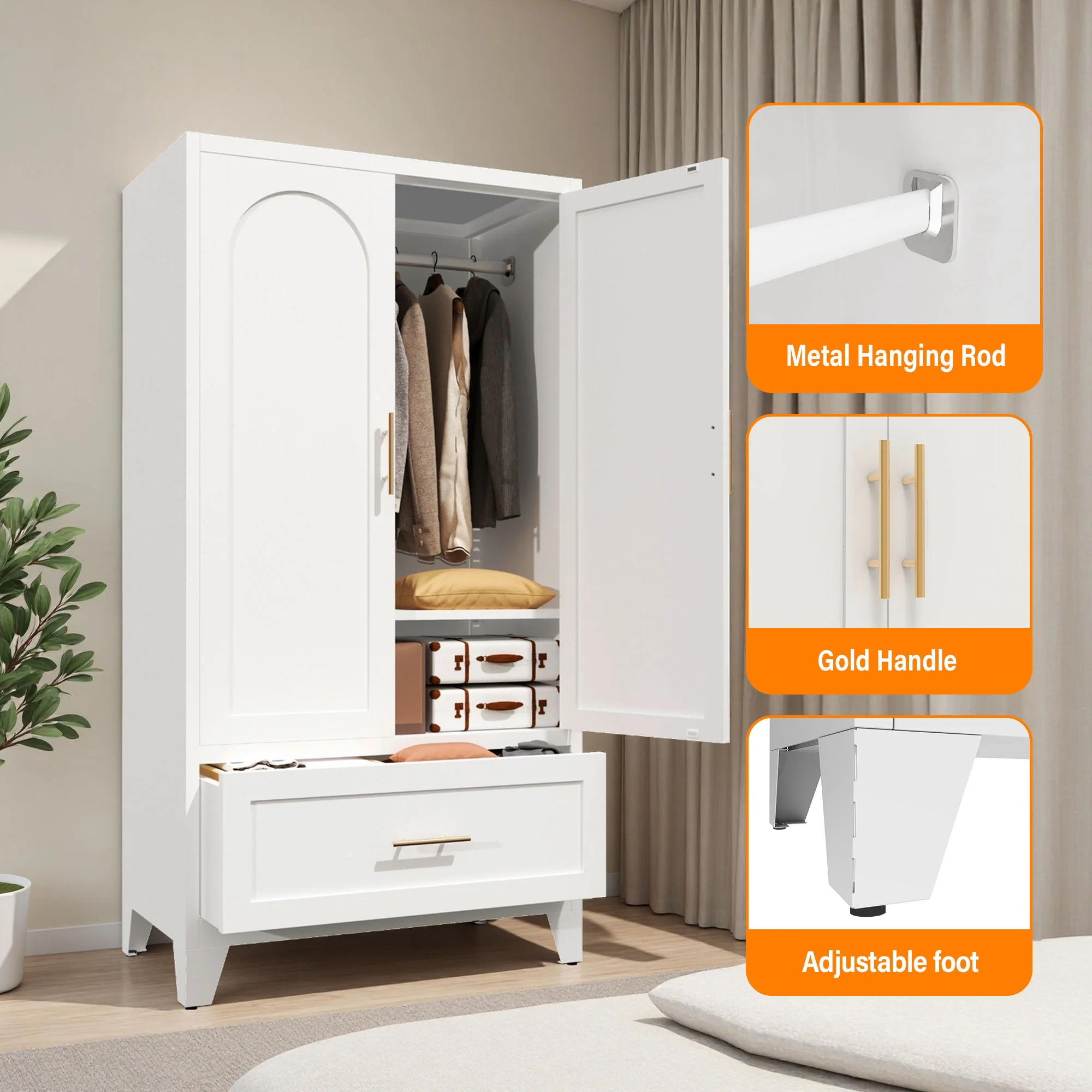 Wardrobe Cabinet With 1 Drawer And Hanging Rod, 2 Doors Closet With Shelf For Bedroom - White - Image 6