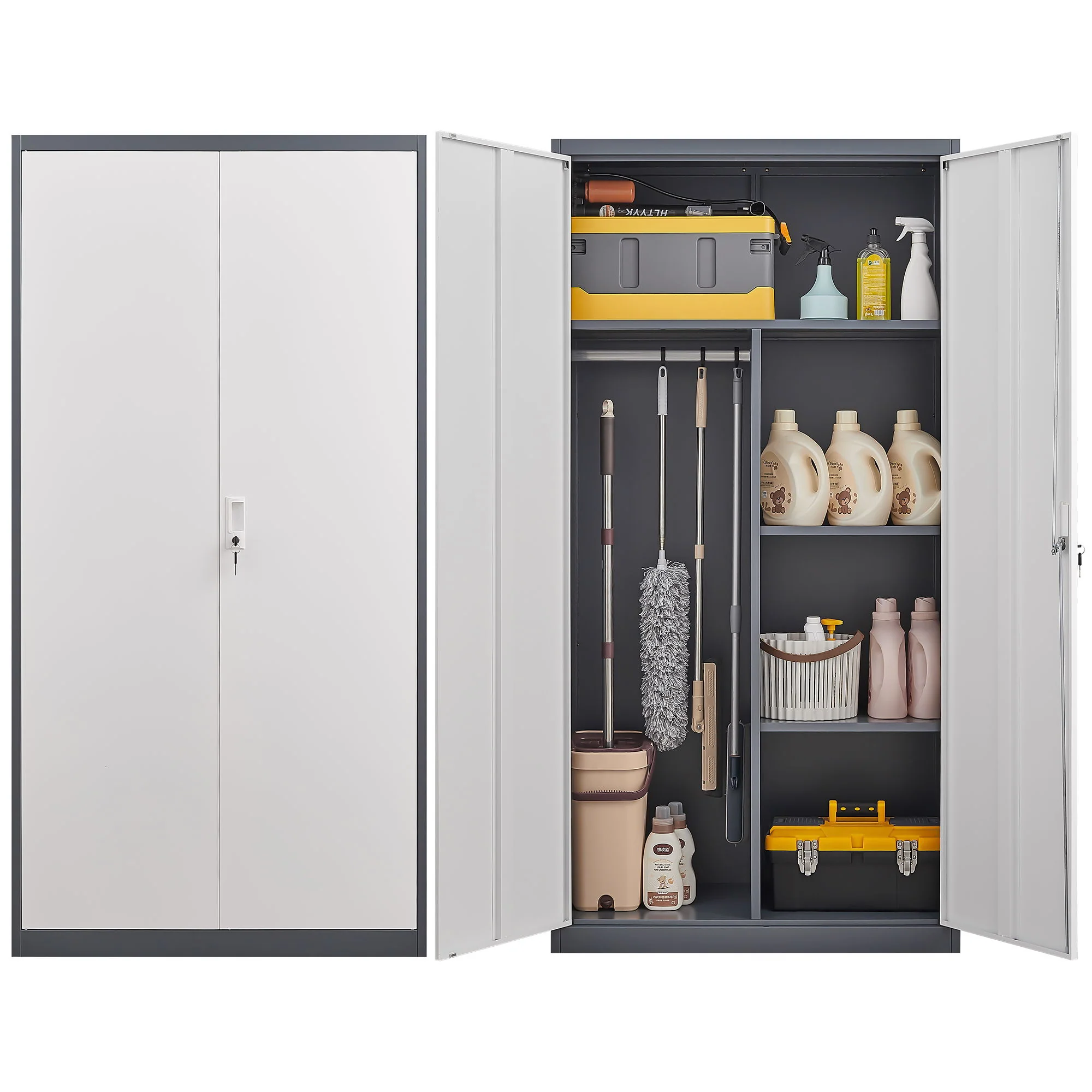 Wardrobe With Hanging Rod And Compartments, Lockable Closet With Locks & Keys For Bedroom - Gray - Image 3