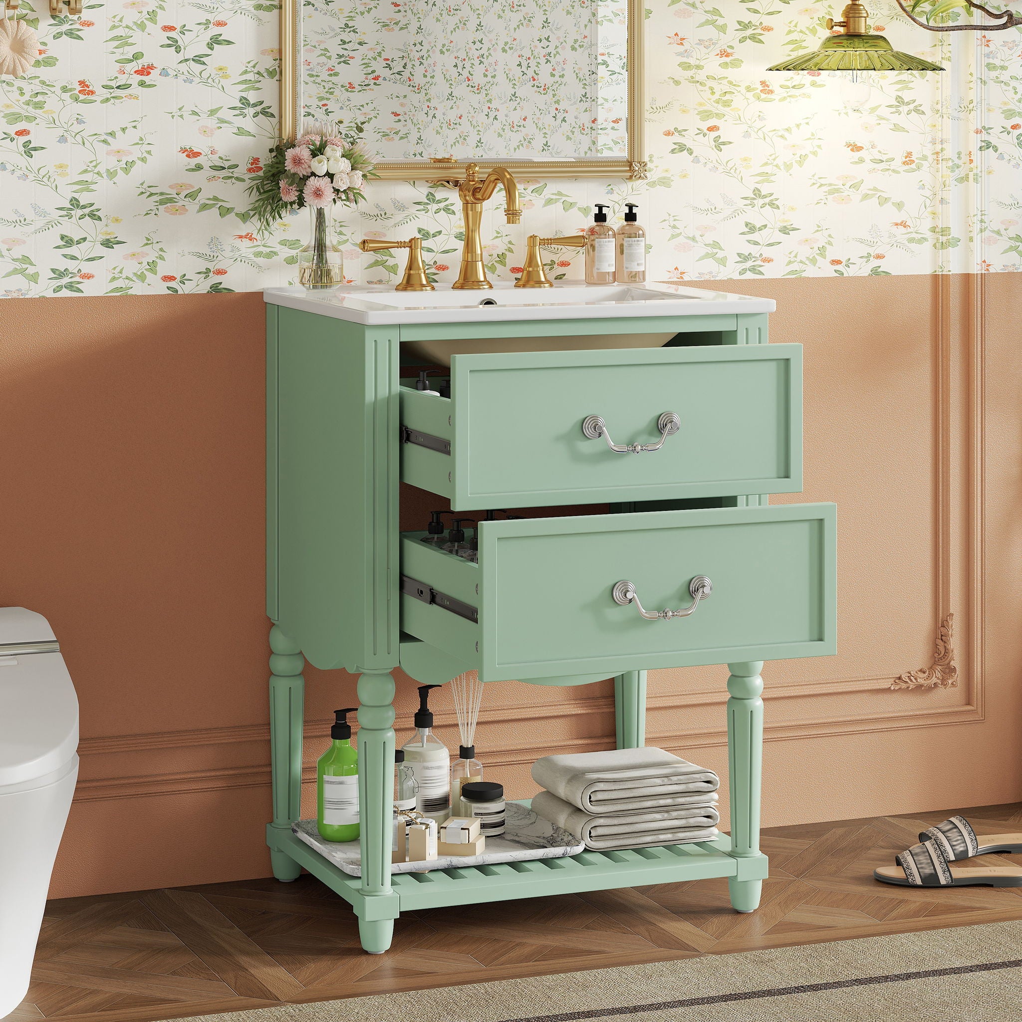Wave Design Bathroom Vanity With Sink, 2 Drawers And Open Shelf - Image 16